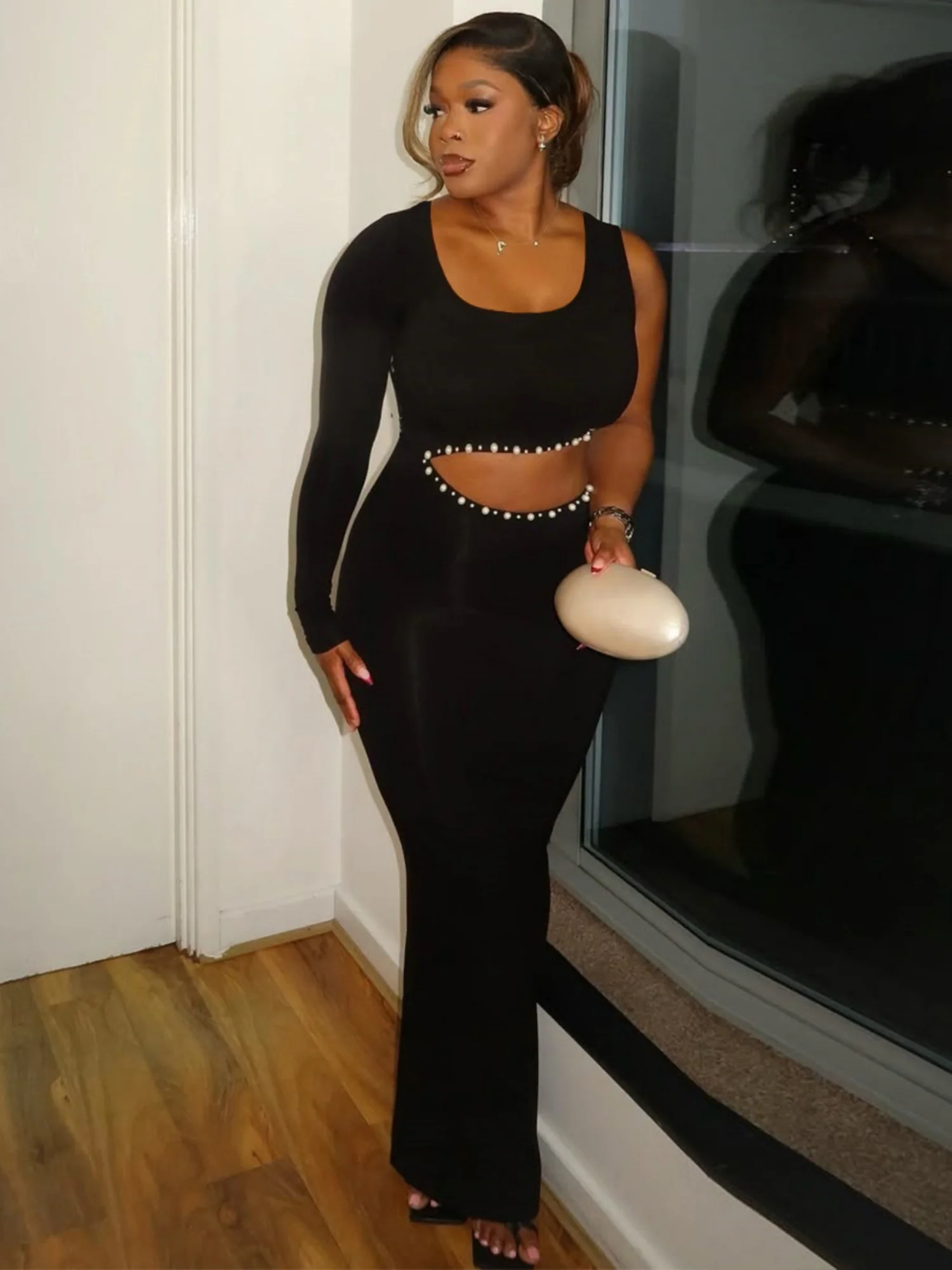 Diamond Pearl Cutout Waist One Shoulder Maxi Dresses - Image 3