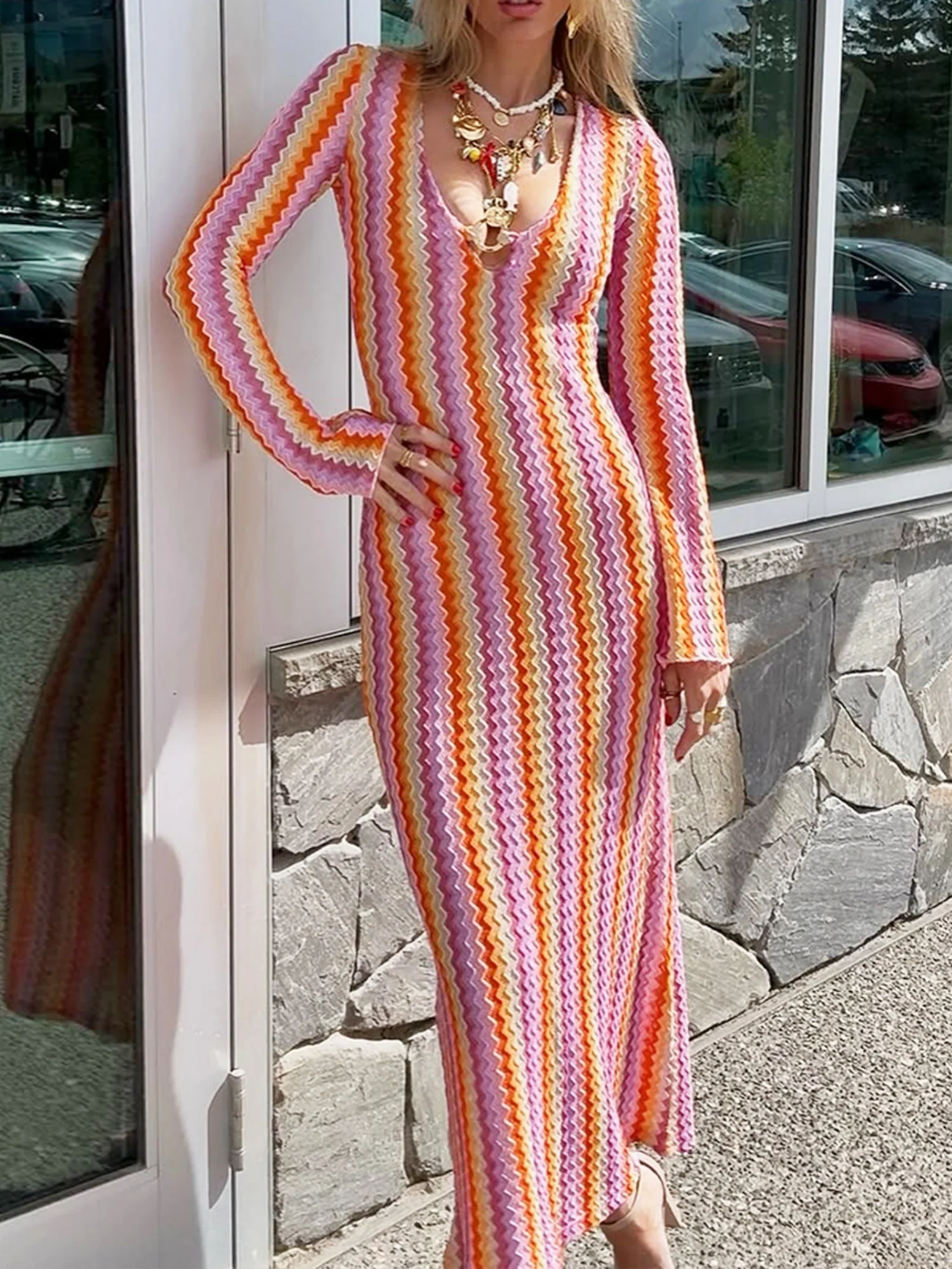 Striped Color Blocking V-neck Long Sleeve Maxi Dresses