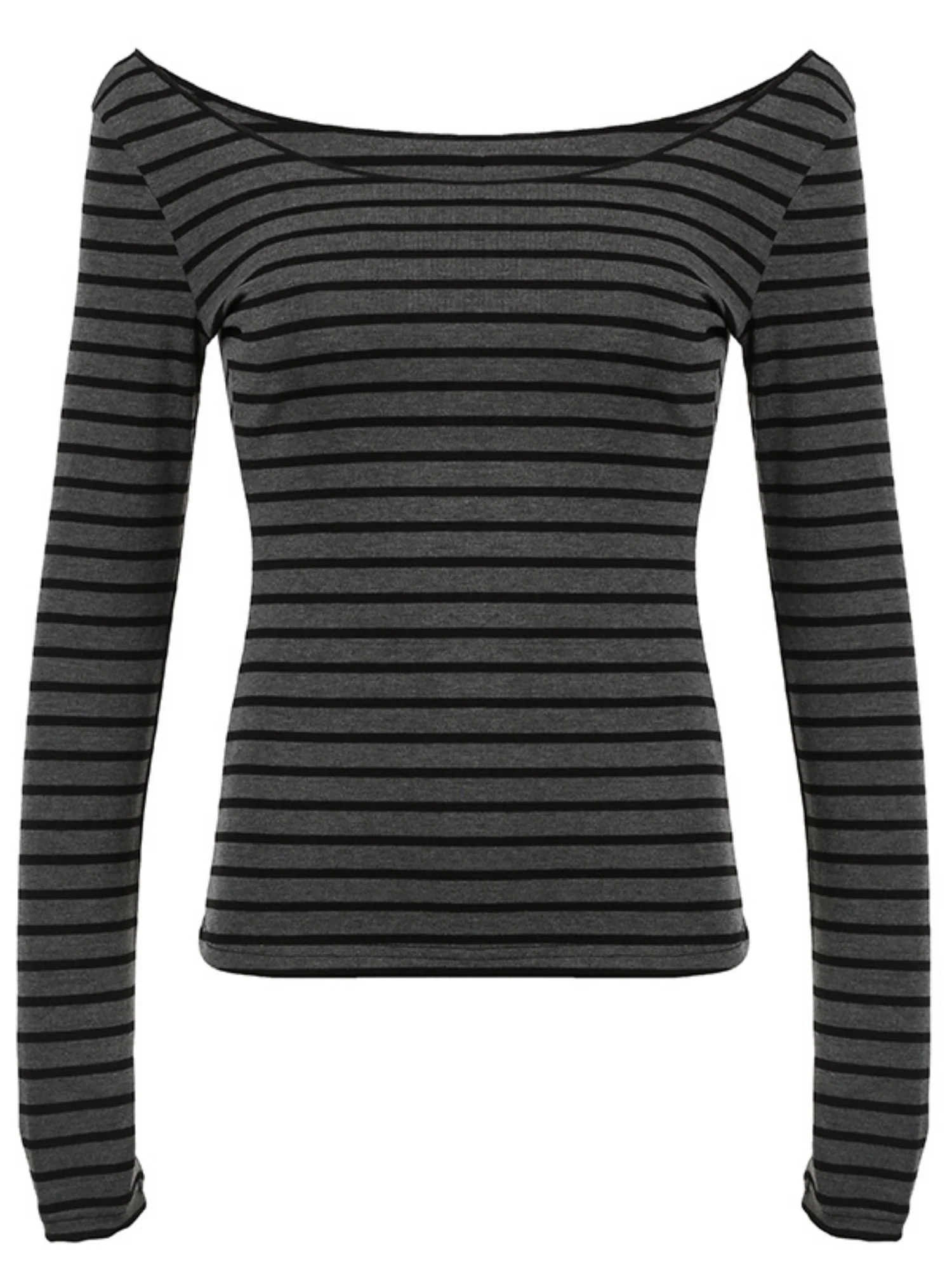 Striped Color Blocking Off-shoulder Slimming Off-shoulder Long-sleeved T-shirt - Image 5