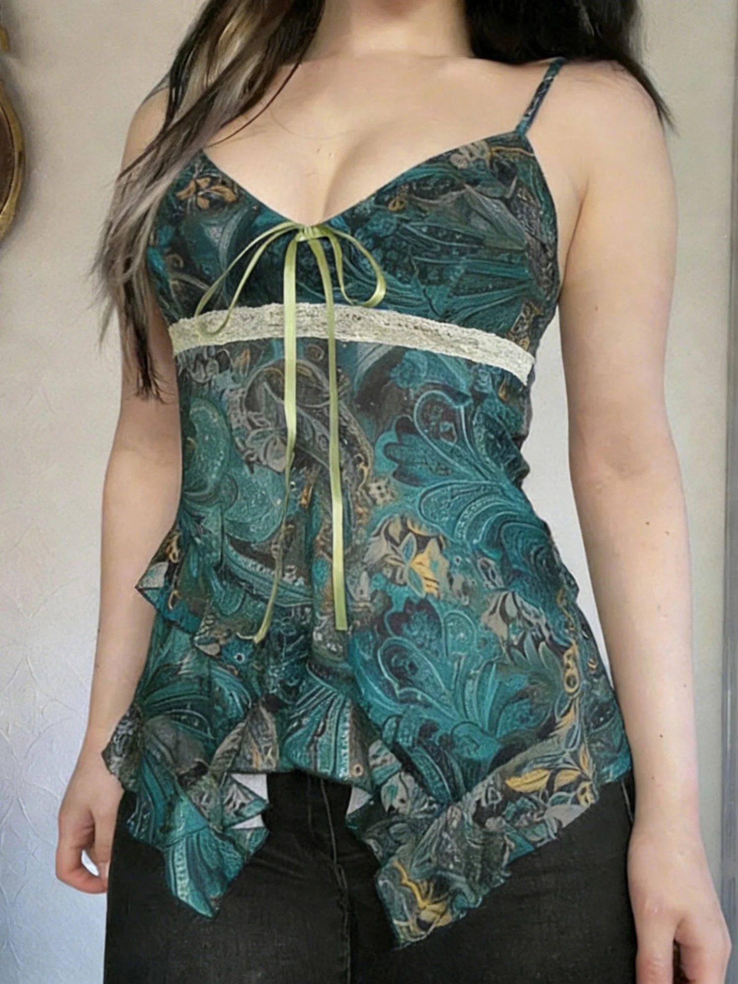 Retro Prints Mesh Color-blocked Tank Top - Image 2