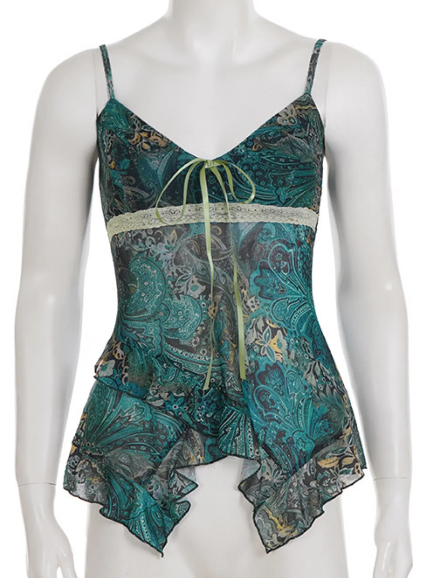Retro Prints Mesh Color-blocked Tank Top - Image 4
