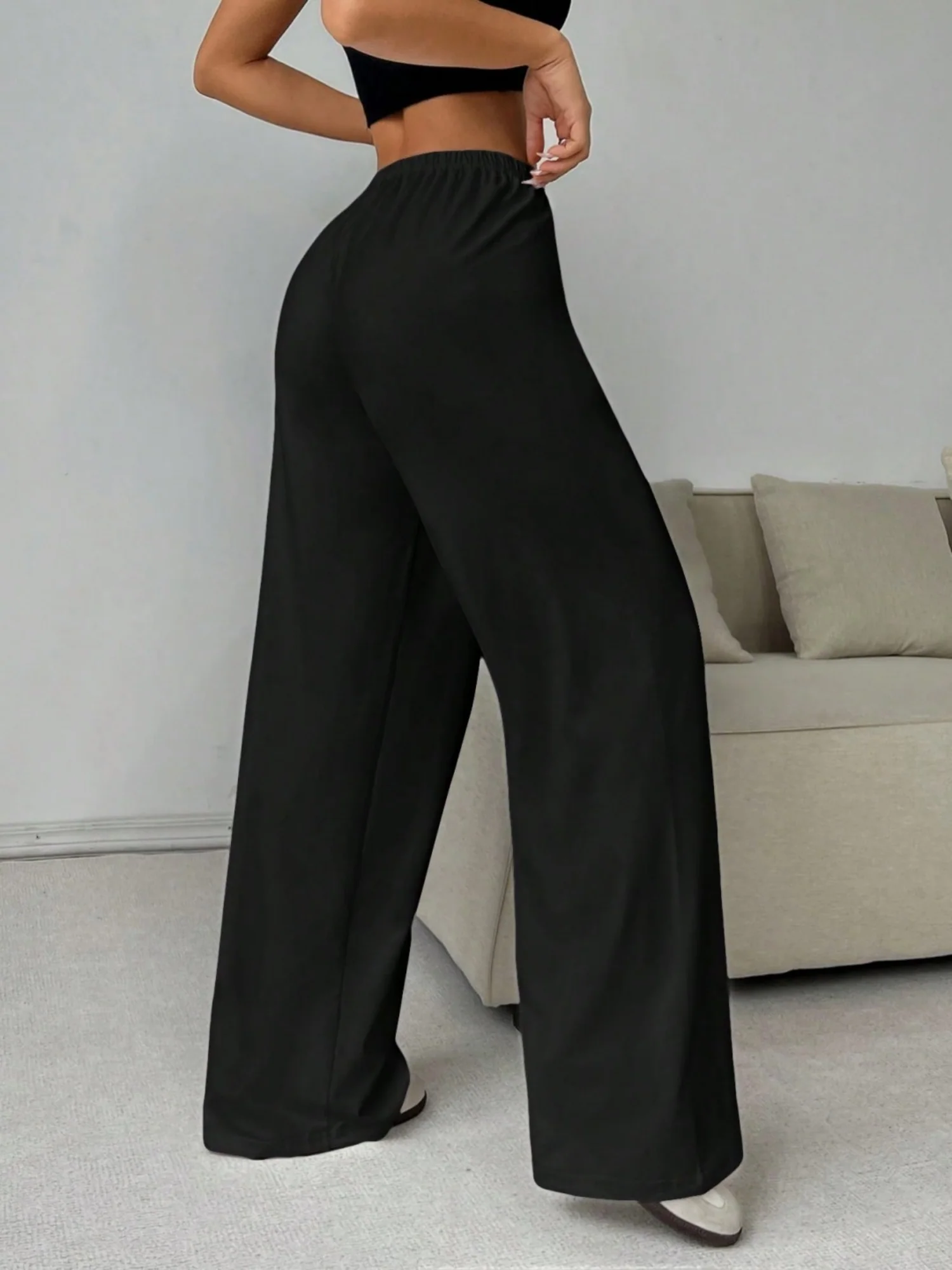 Elastic Waistband Lace Up Wide-leg Pants - Image 2