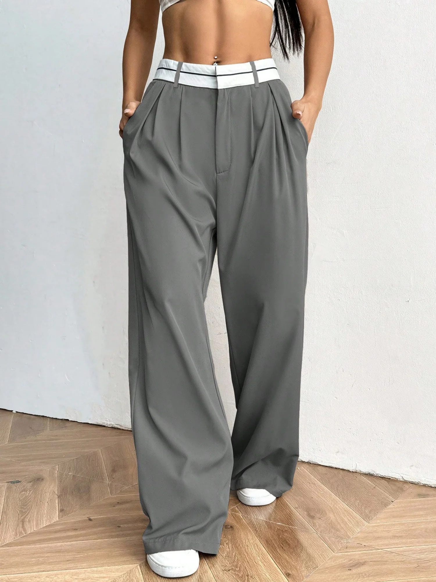 Color-blocked Suit Trousers Pocket Pleats Pants - Image 5