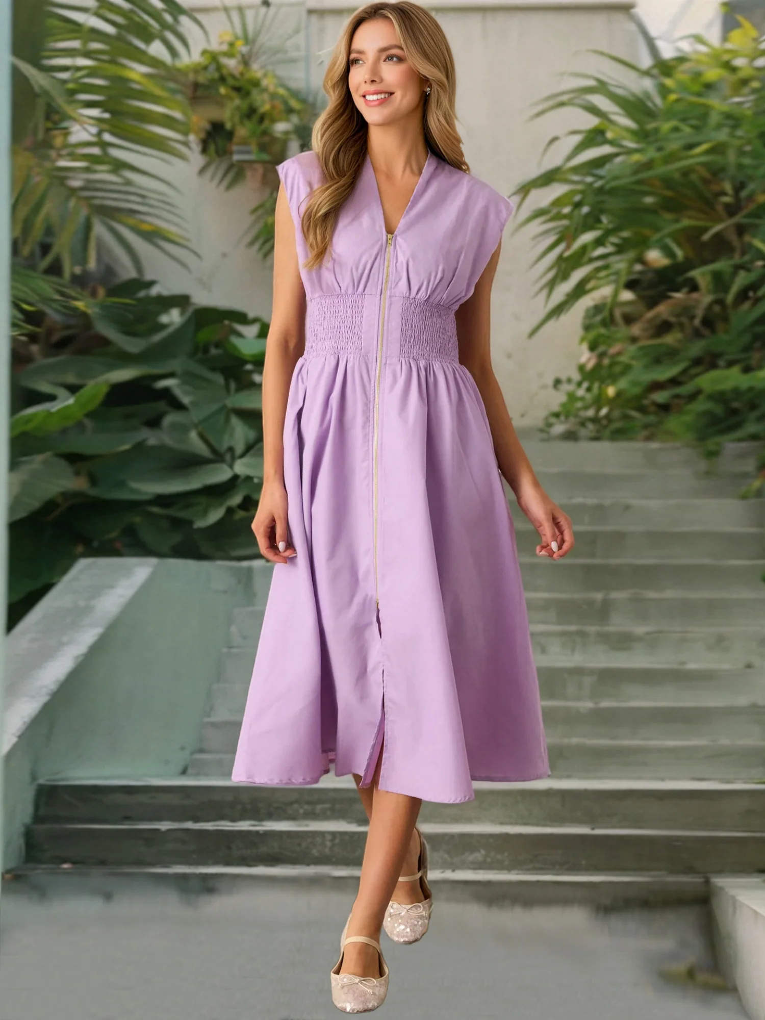 V-neck Zipper Opening Tucking And Waist-cinching Maxi Dresses - Image 3