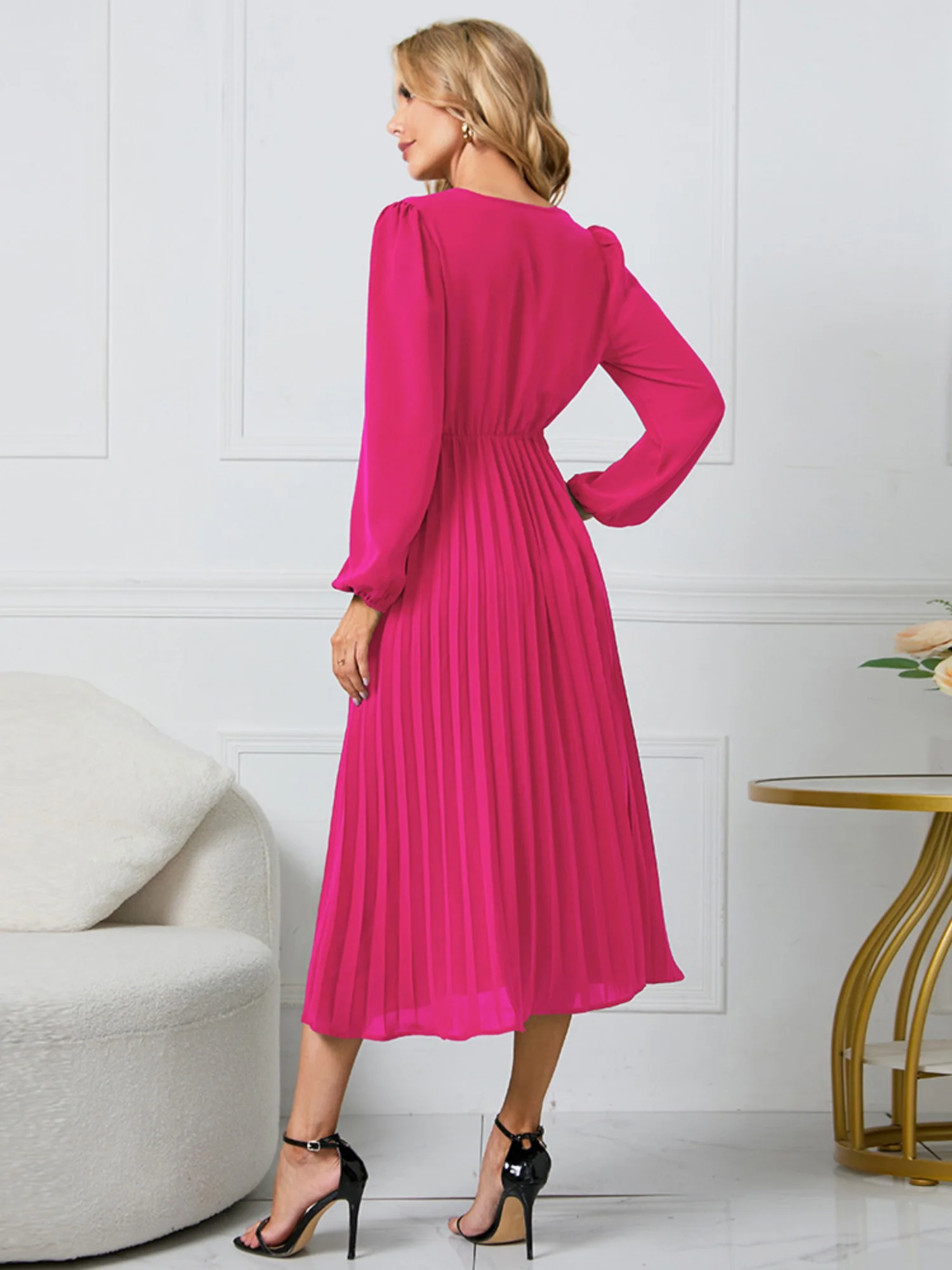 Pleated Skirt V-neck Tie Maxi Dresses - Image 4