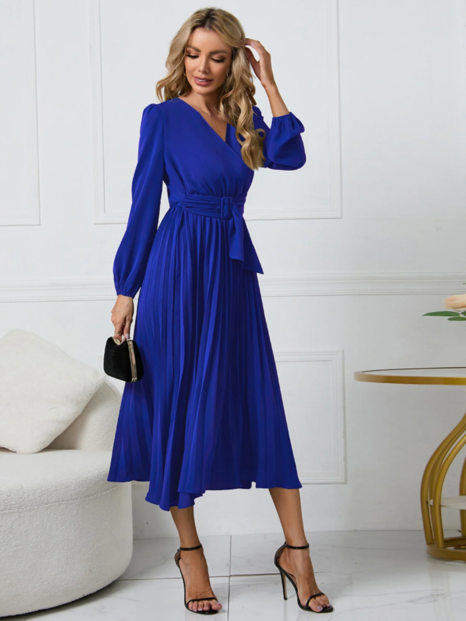 Pleated Skirt V-neck Tie Maxi Dresses - Image 8