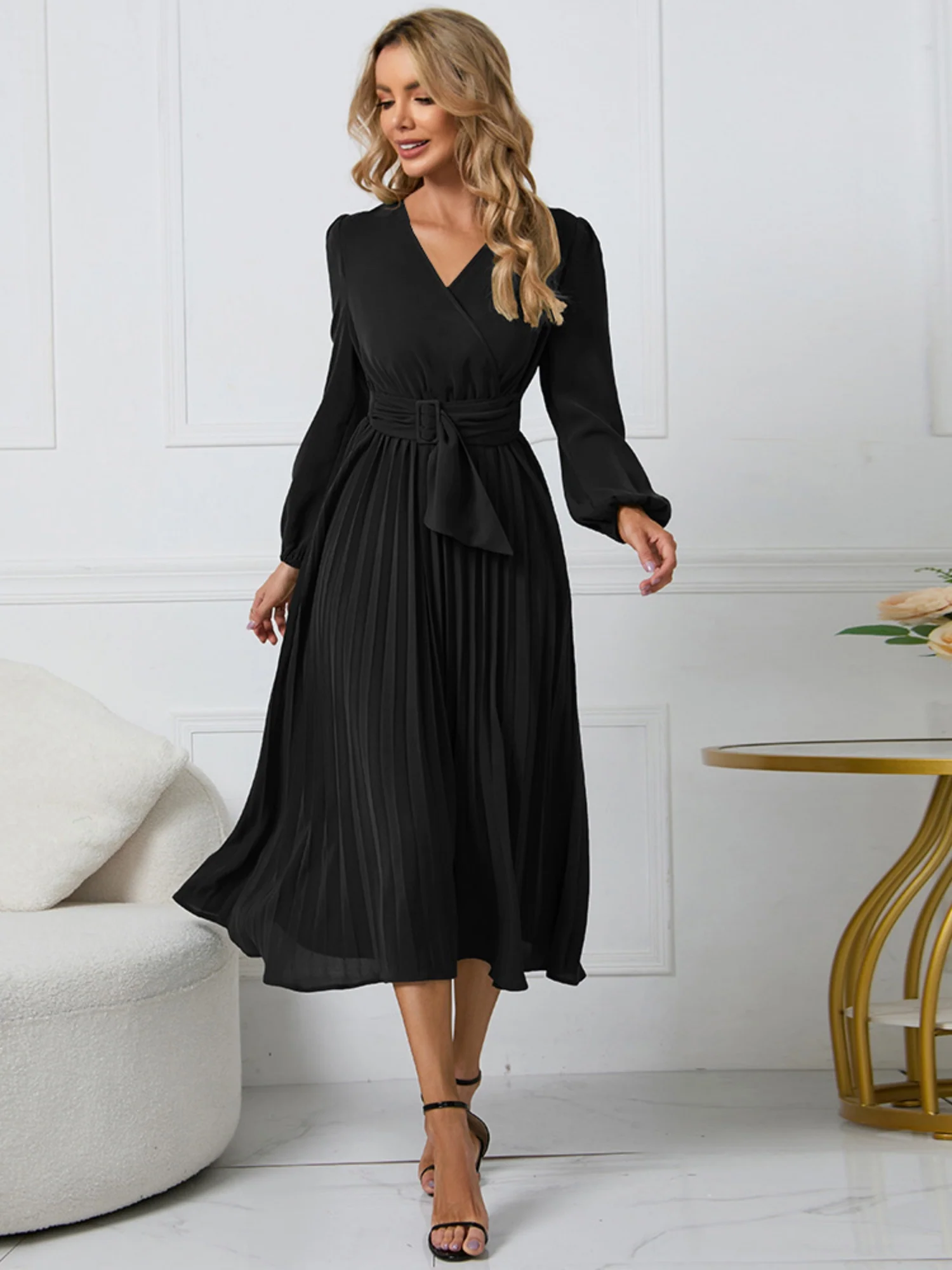 Pleated Skirt V-neck Tie Maxi Dresses - Image 9