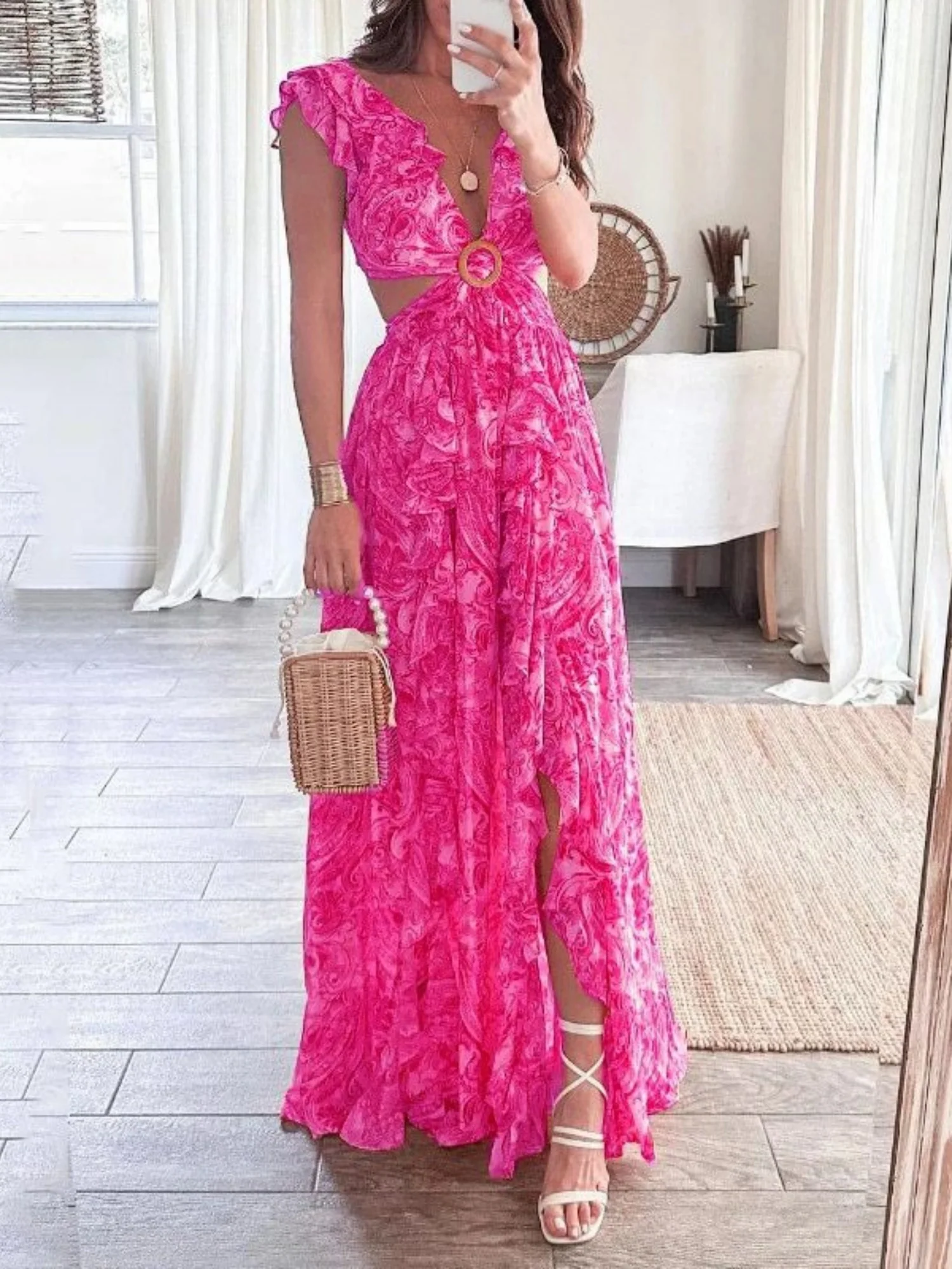 Printed Ruffle V-neck, Waist-revealing, Backless Slit Maxi Dresses - Image 2