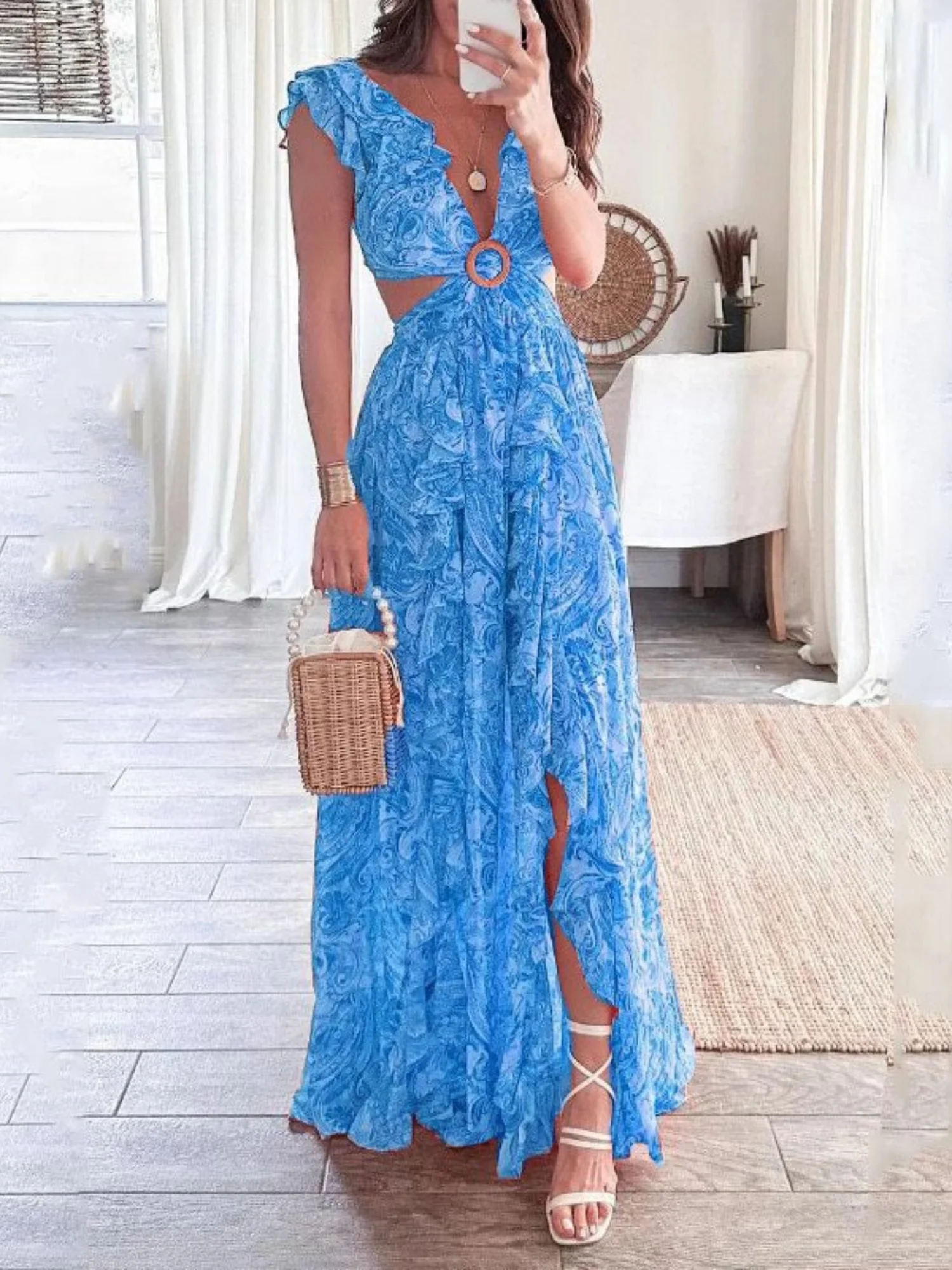Printed Ruffle V-neck, Waist-revealing, Backless Slit Maxi Dresses - Image 3