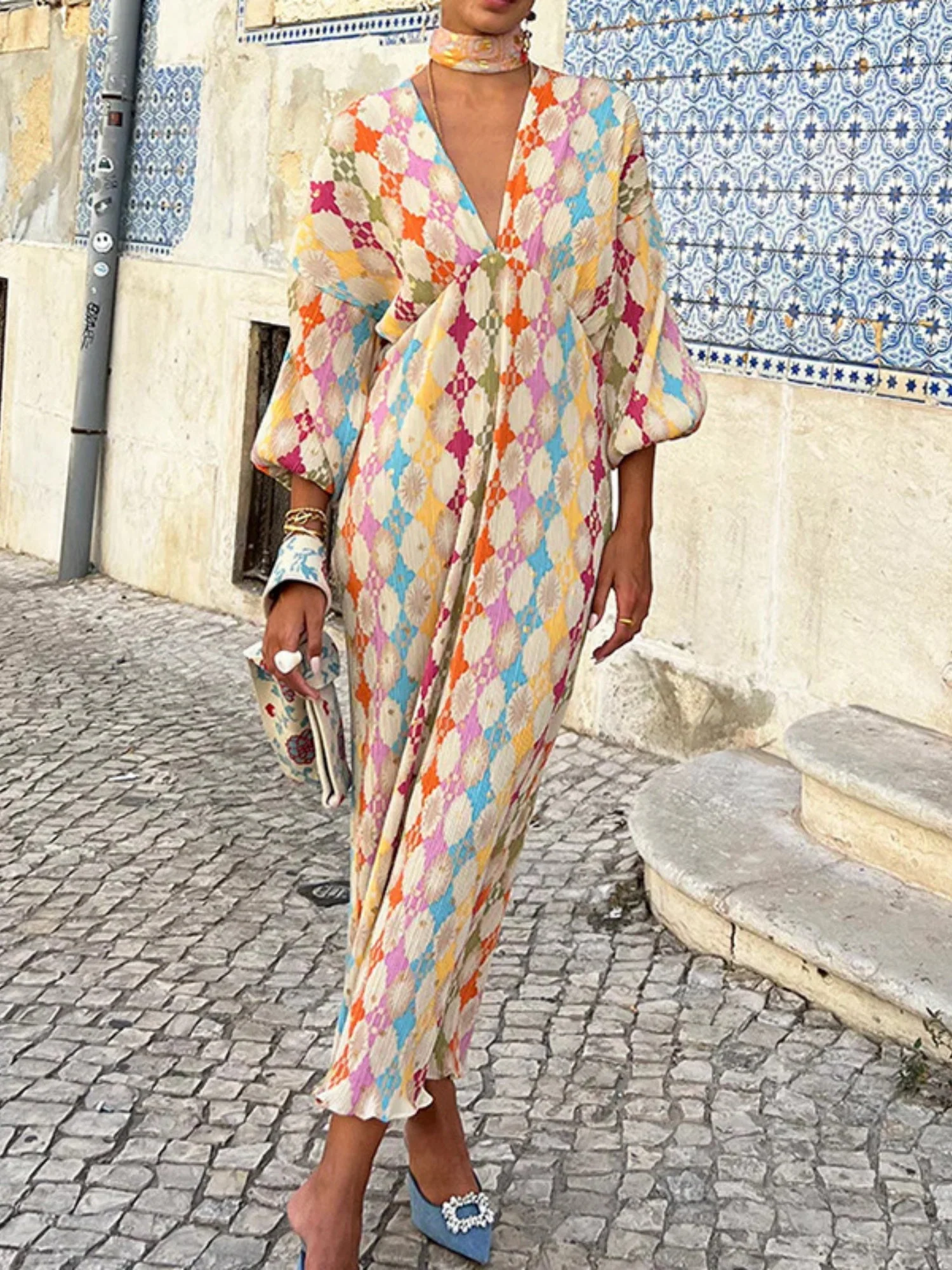 Printed V-neck Short Sleeve Maxi Dresses - Image 3