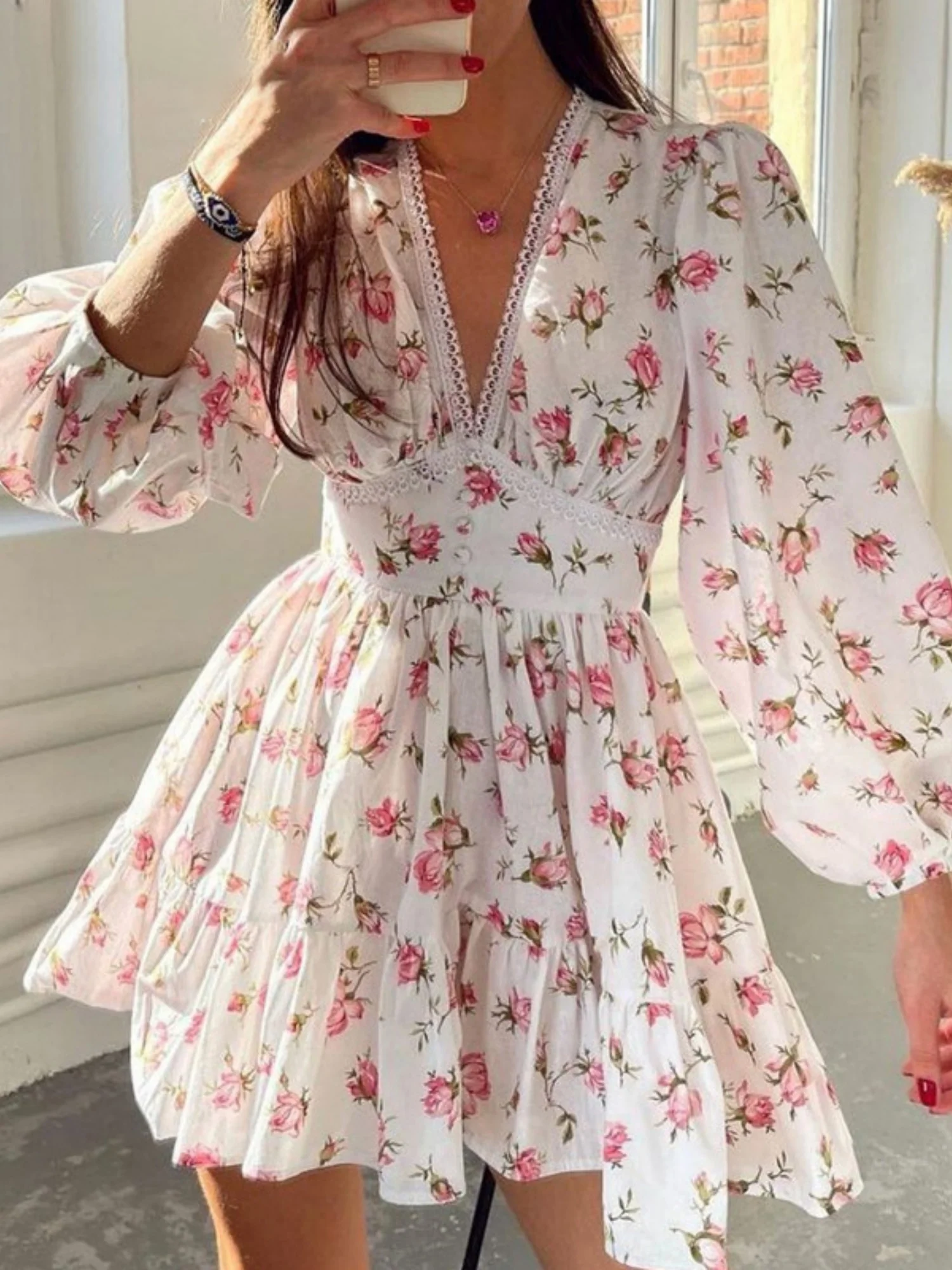Floral Lace Deep V-neck Waist Puff Sleeve Sweet Mini&Short Dresses