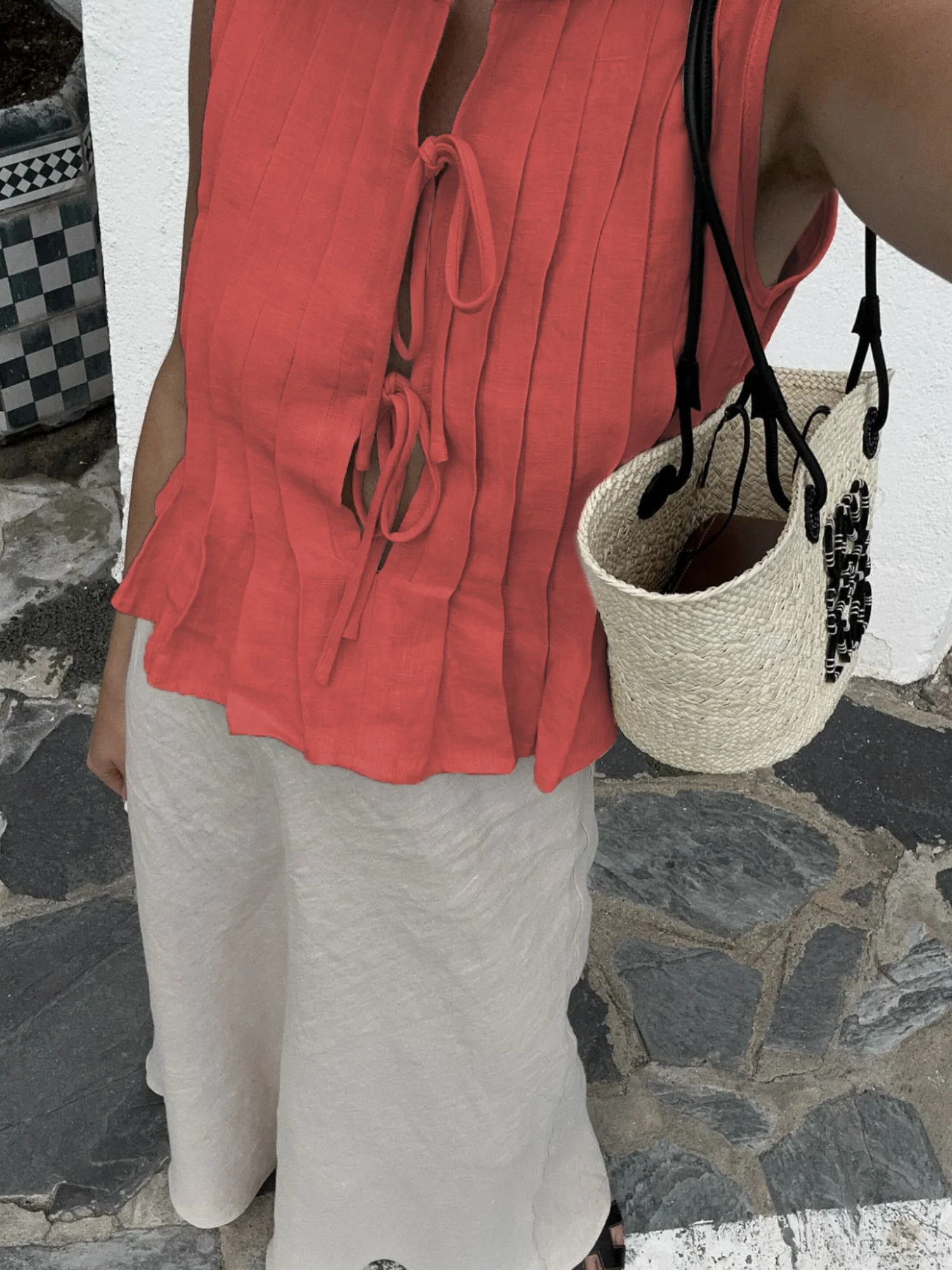 Cotton And Linen Straps Pleated Tank Tops - Image 16