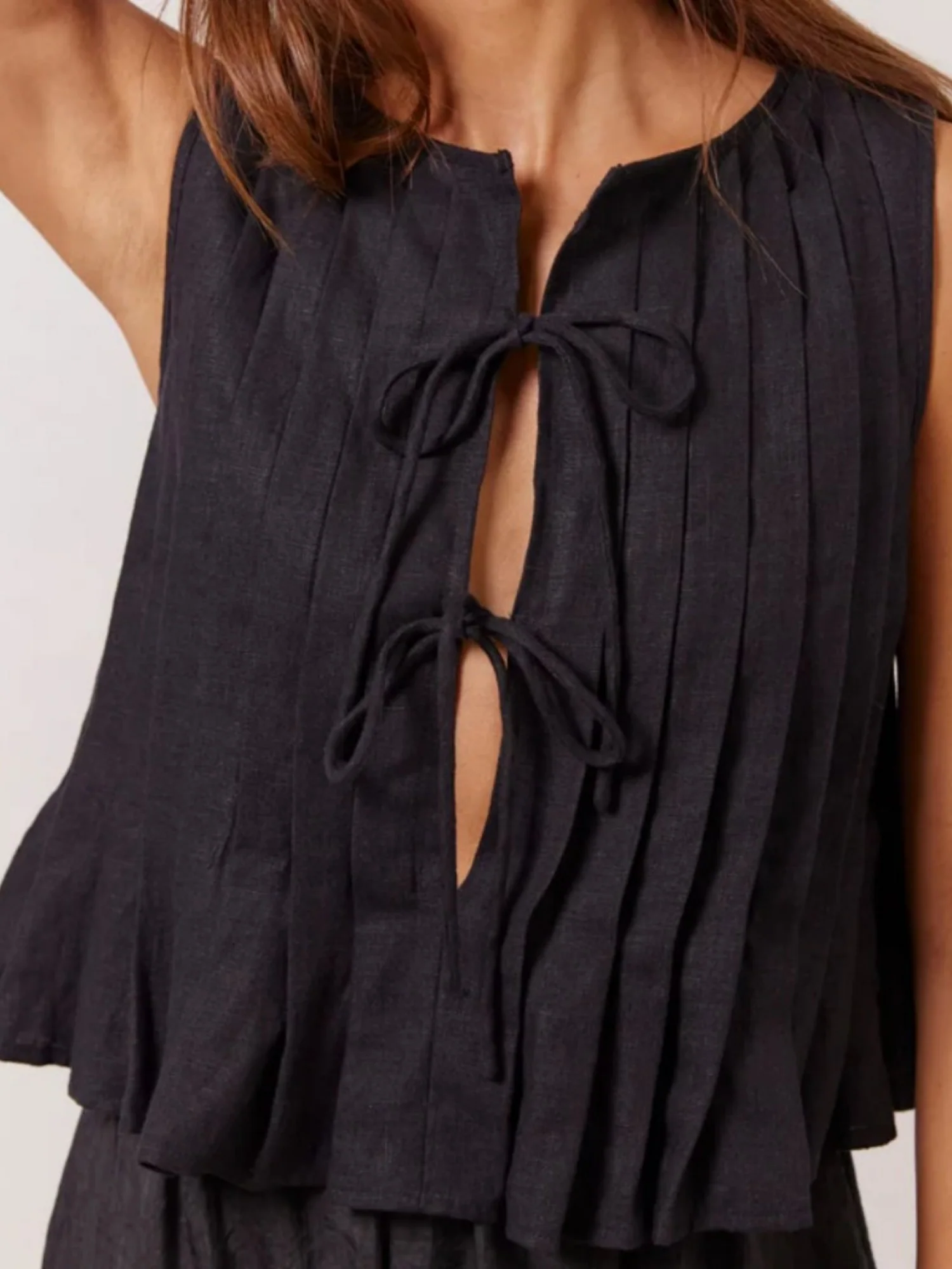 Cotton And Linen Straps Pleated Tank Tops - Image 9