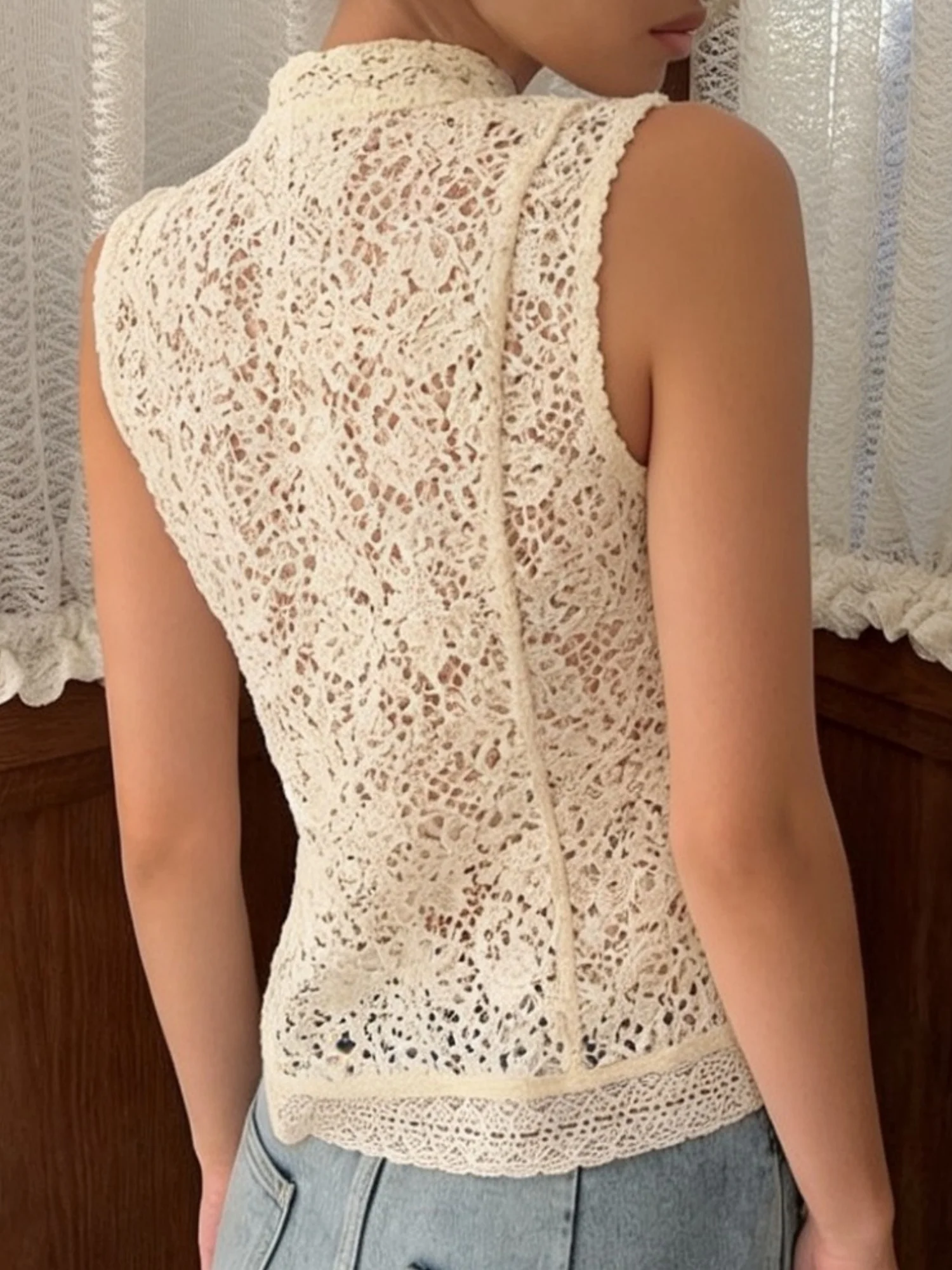 Lace Crochet Stand Collar Button Tank Tops - Image 9