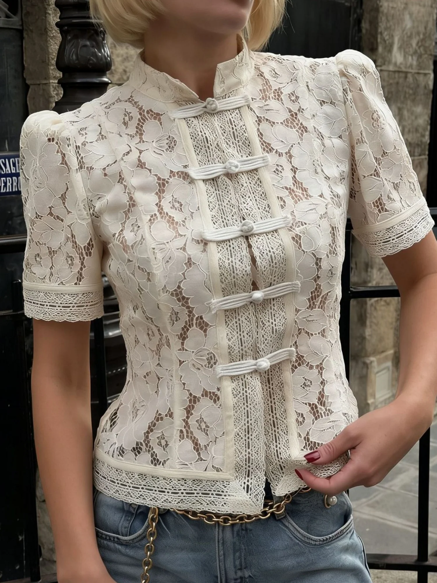 Lace Crochet Stand Collar Button Short-sleeved T-shirt - Image 2