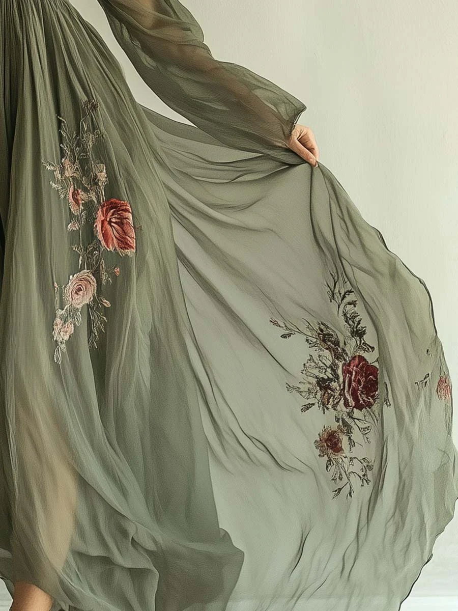 Floral Digital Positioning Printing Long-sleeved V-neck Long Dress - Image 2