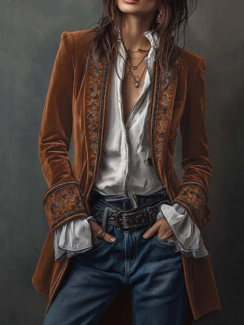 Long Sleeve Solid Color Patchwork Lace Velvet Blazers - Image 3