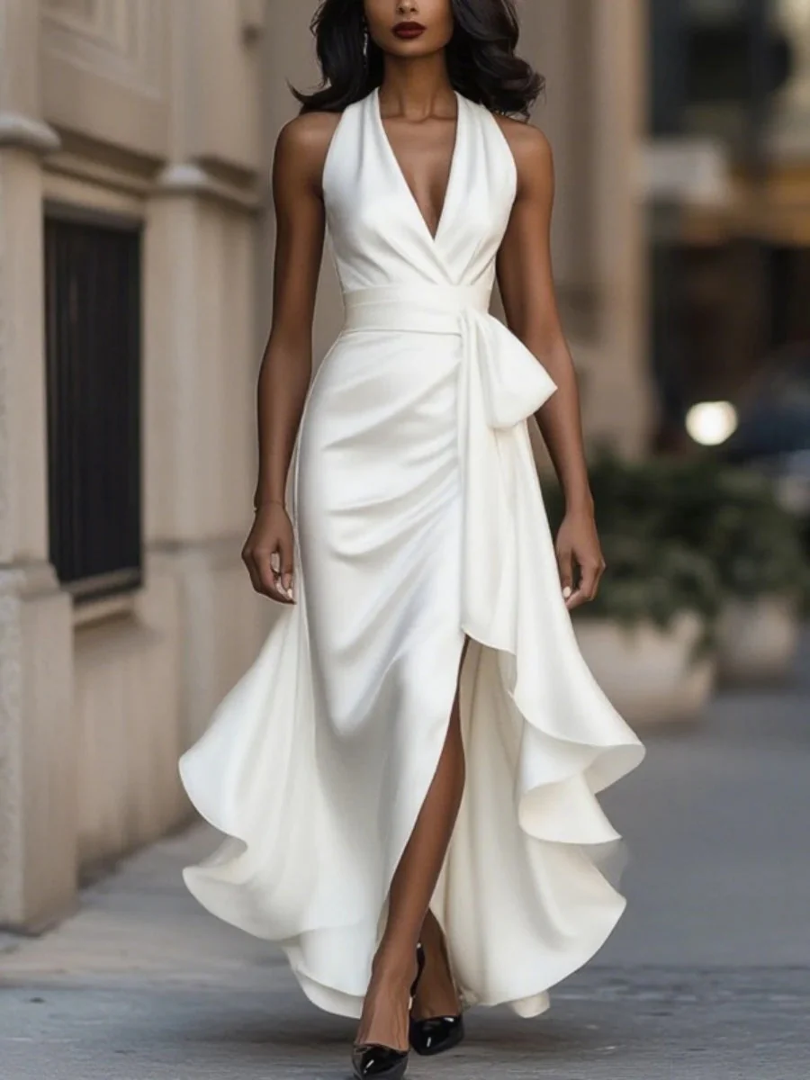V-neck Irregular Ruffle Lightweight Maxi Dresses - Image 2