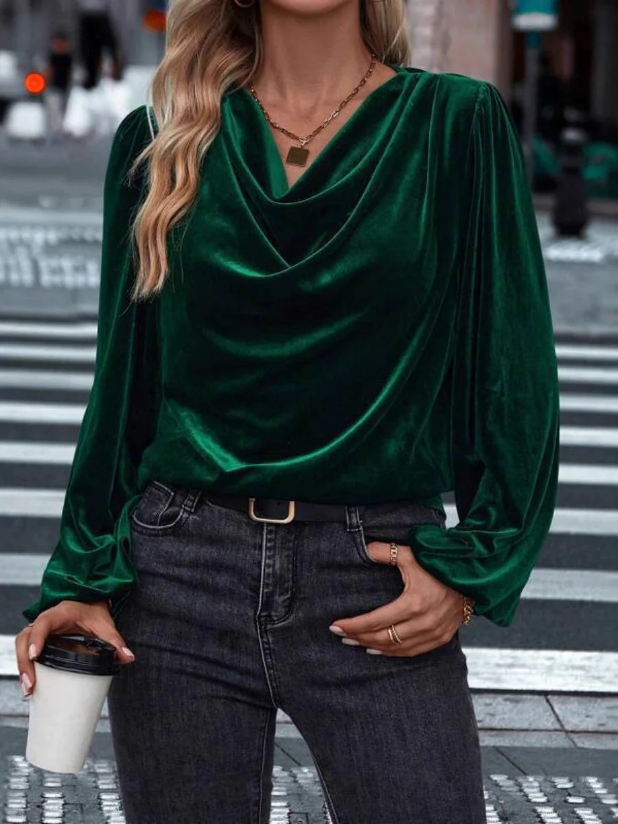 Pullover Collar Velvet Long Sleeve Pleated Grace Blouse - Image 3