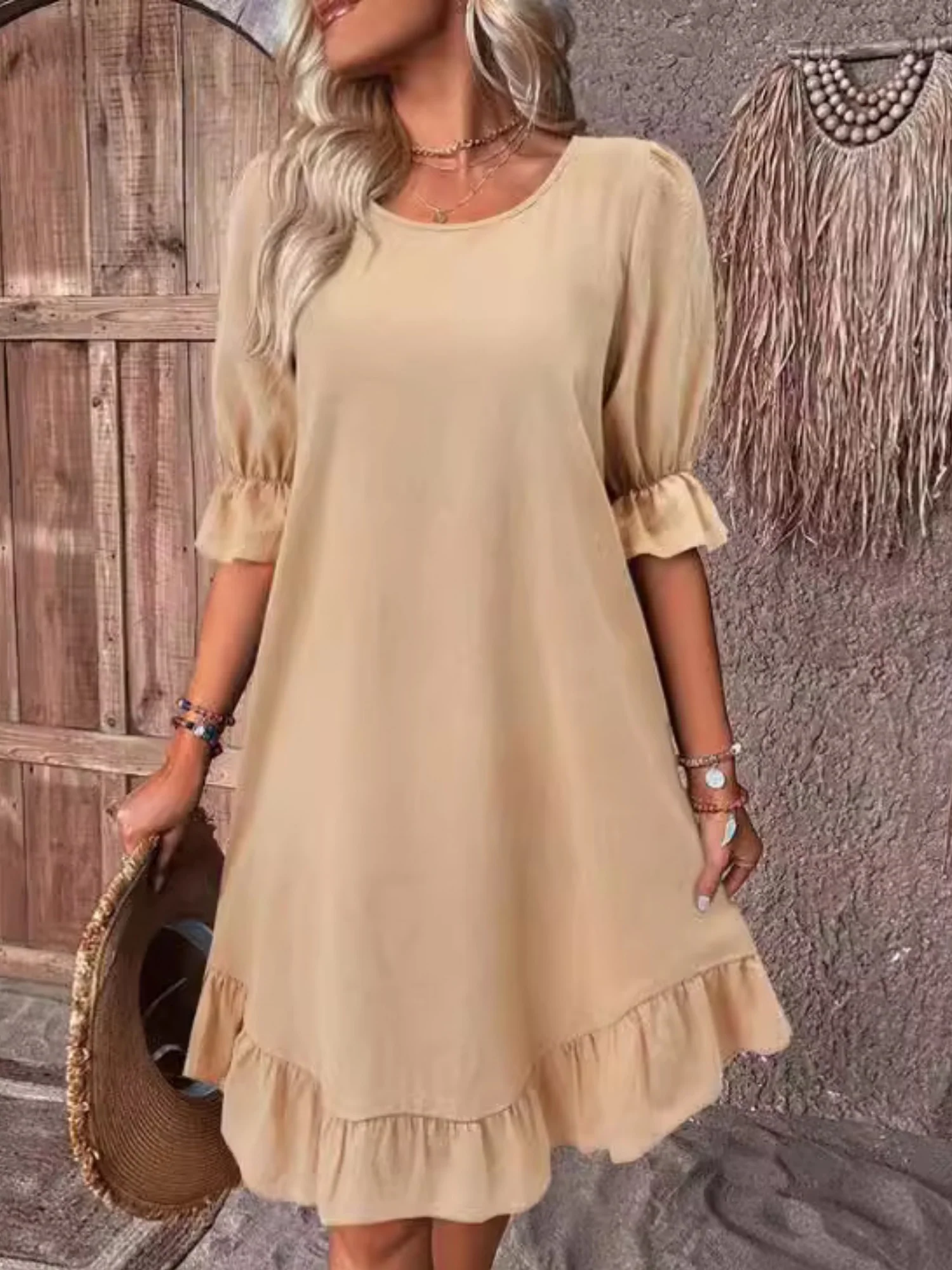 Ruffle Puff Sleeve Round Neck And Full Skirt Mini&Short Dresses - Image 4