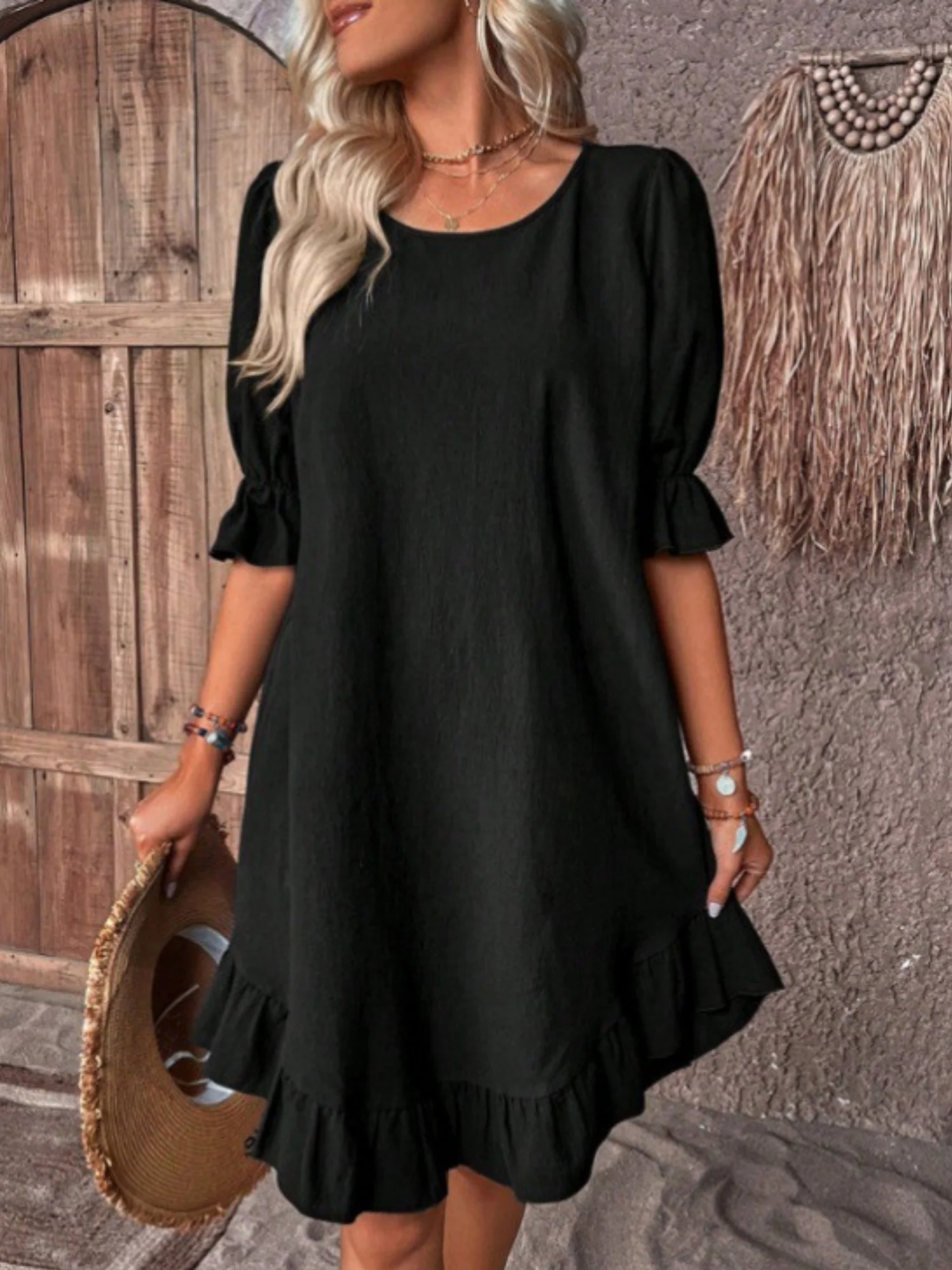 Ruffle Puff Sleeve Round Neck And Full Skirt Mini&Short Dresses - Image 5