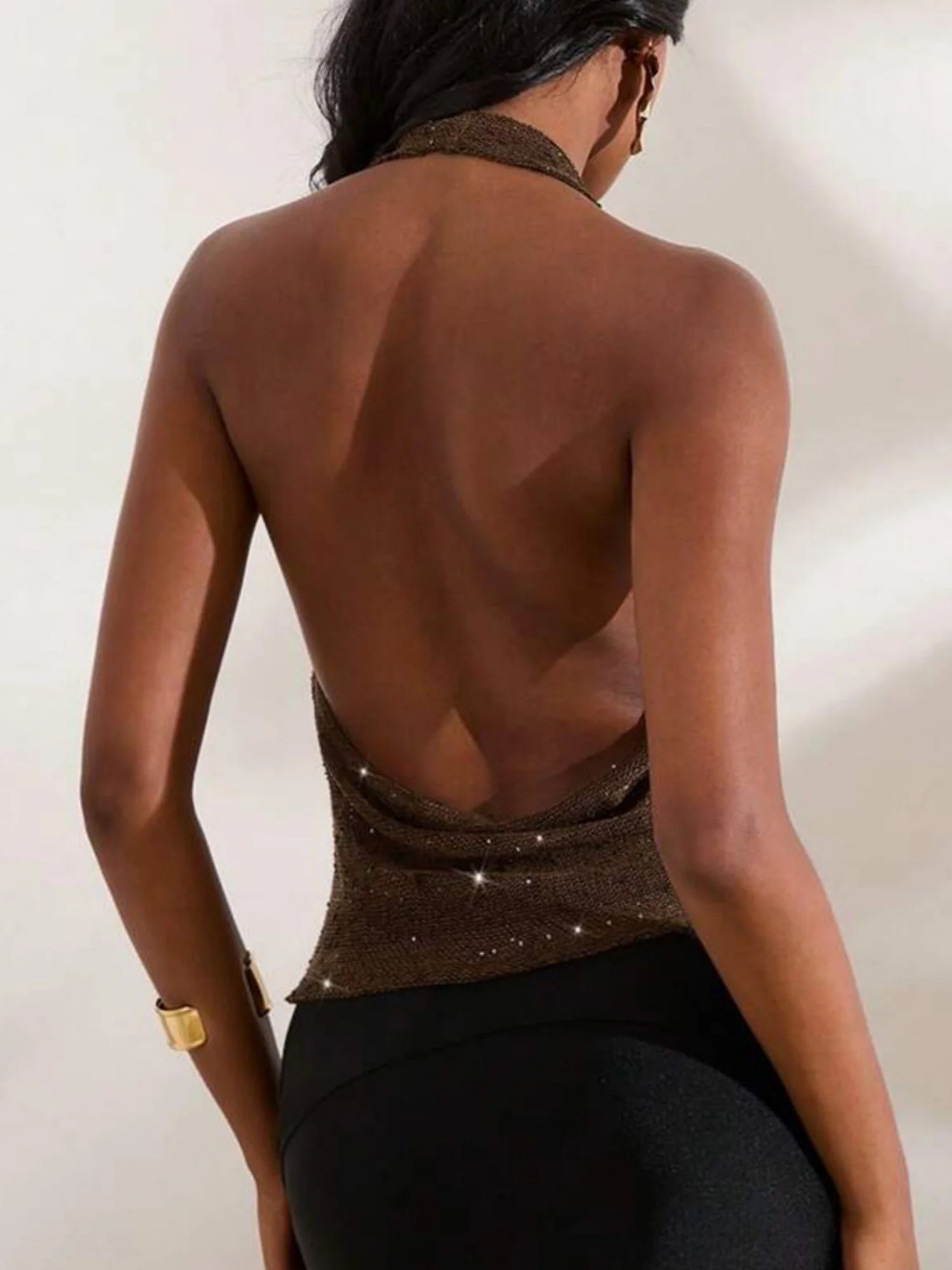 Glitter See-through Sway Neck Backless Tank Tops - Image 2