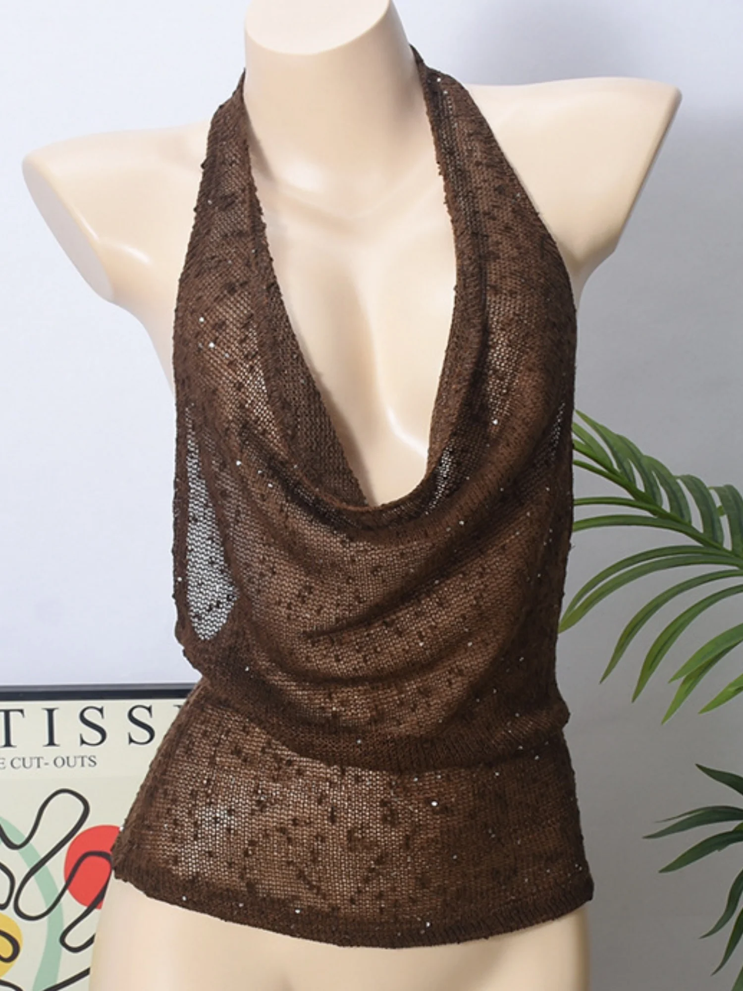 Glitter See-through Sway Neck Backless Tank Tops - Image 4
