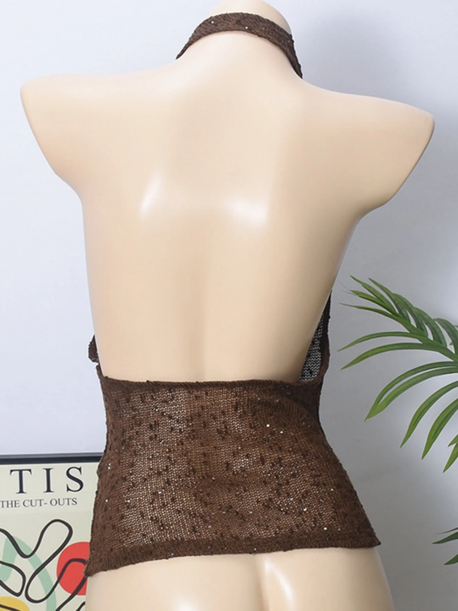 Glitter See-through Sway Neck Backless Tank Tops - Image 5