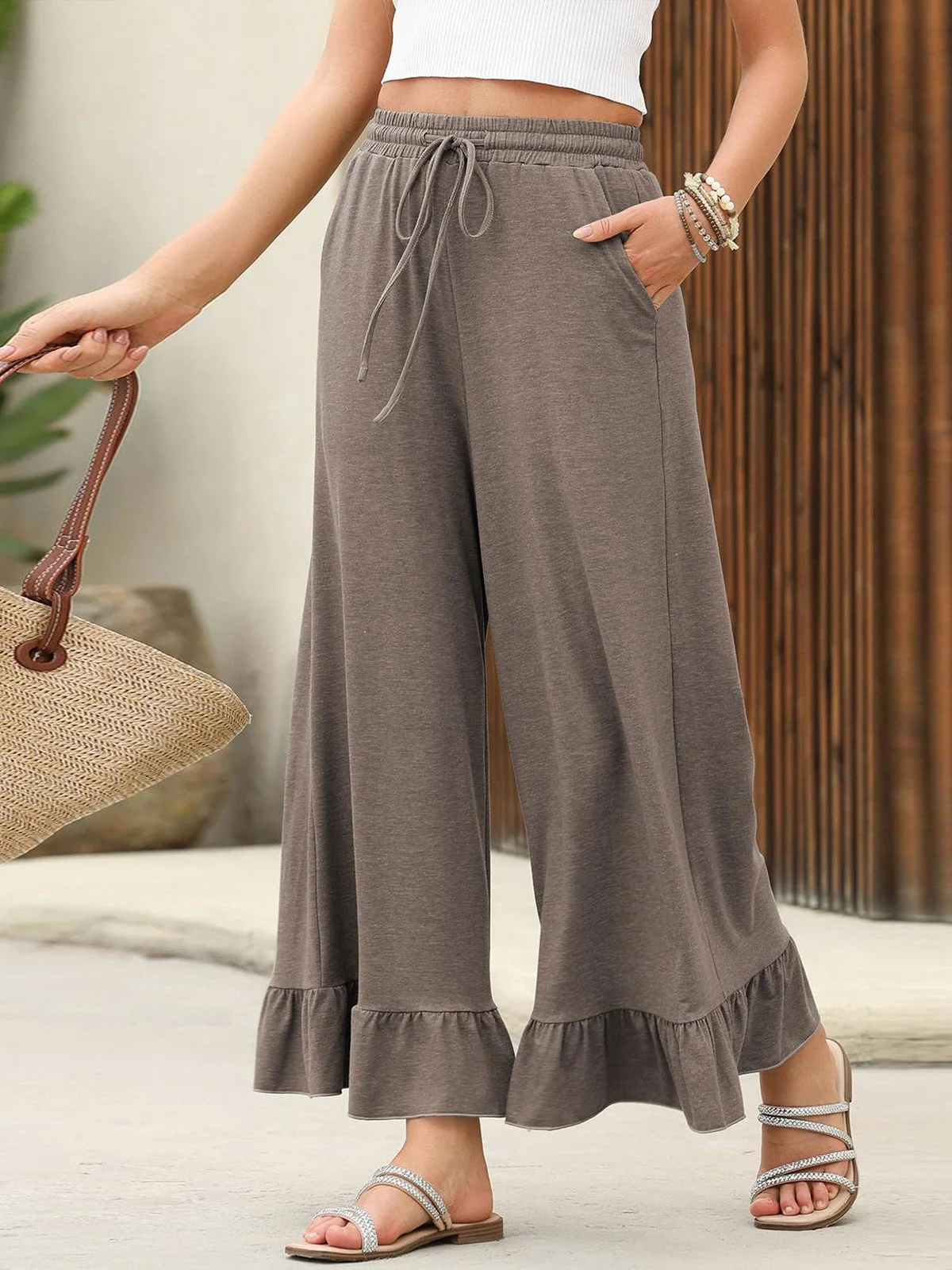 Women's Cropped Trousers With Ruffles, Thin, Loose-fitting, Casual Style - Image 13