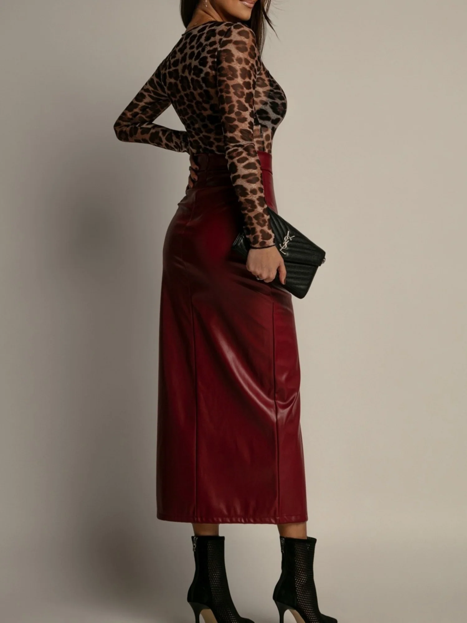 PU Leather High-waisted Side Slit Longline Skirts - Image 4