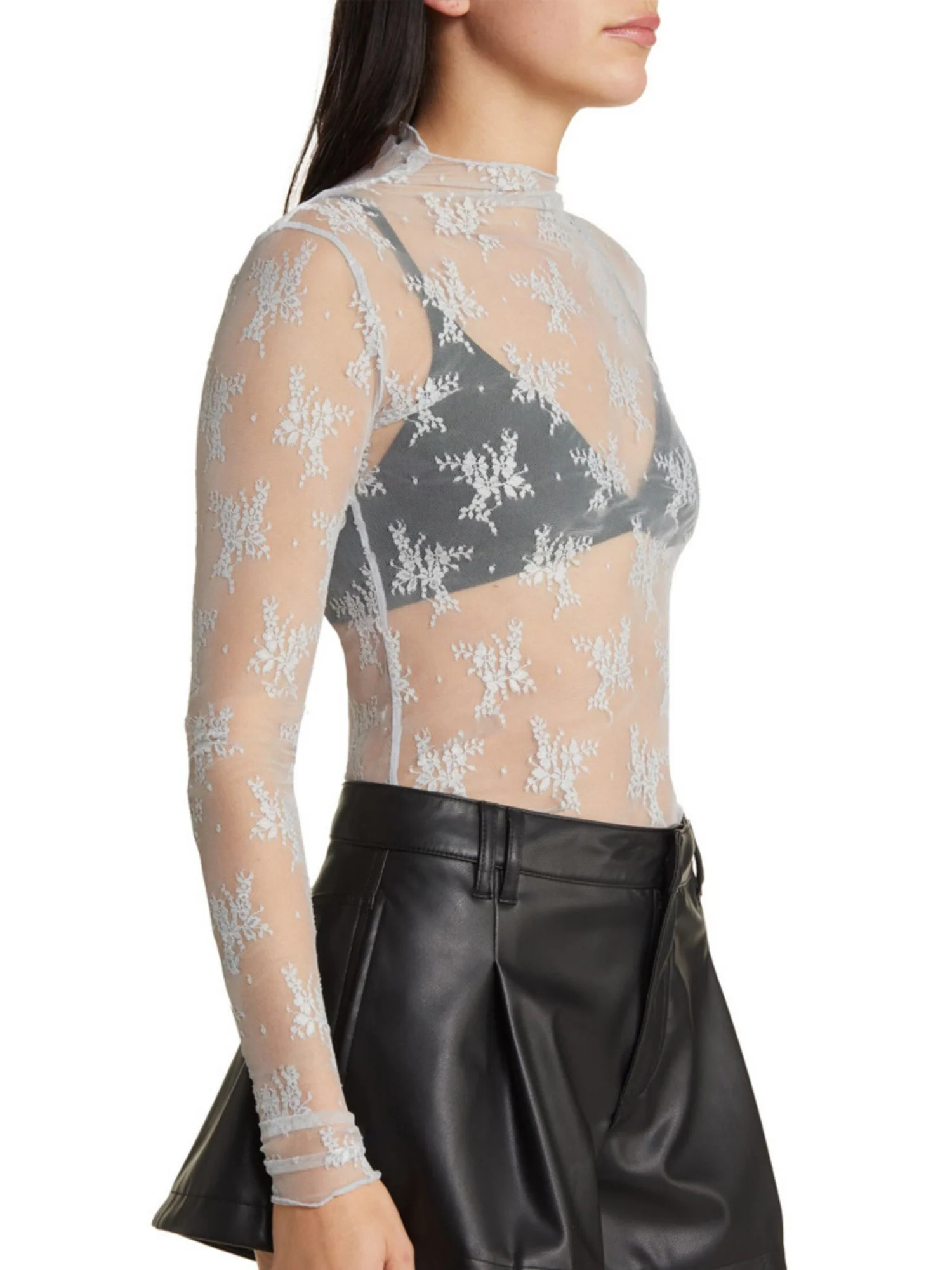 Lace See-through Sexy Mesh Mock Neck Long-sleeved Top - Image 14