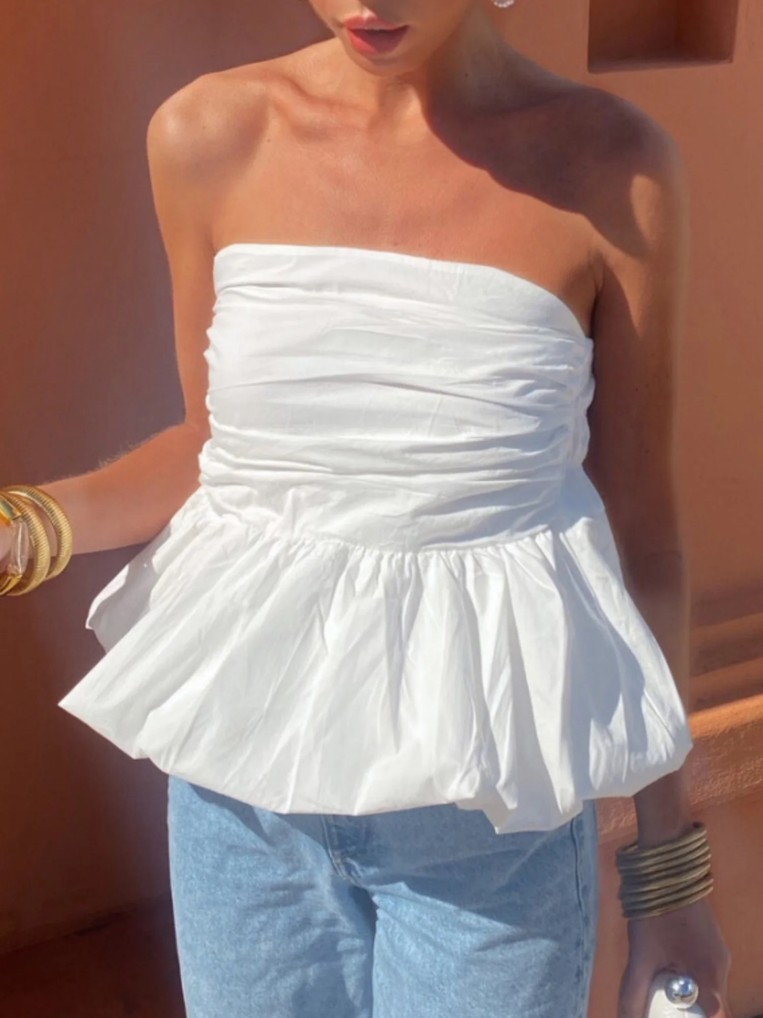 Plaid Splicing Ruffle Strapless Sweet Tank Tops&Camis - Image 3