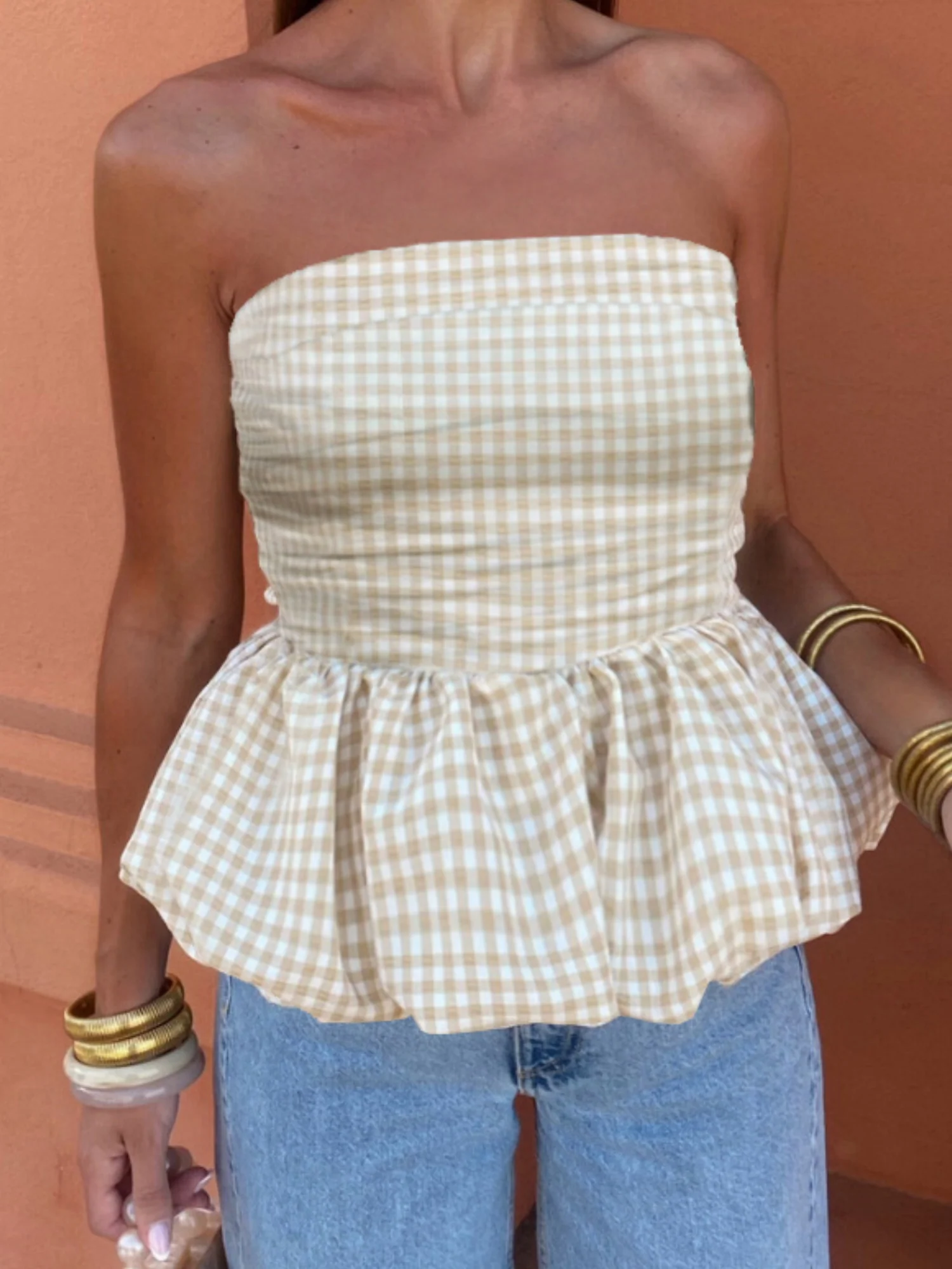 Plaid Splicing Ruffle Strapless Sweet Tank Tops&Camis - Image 9