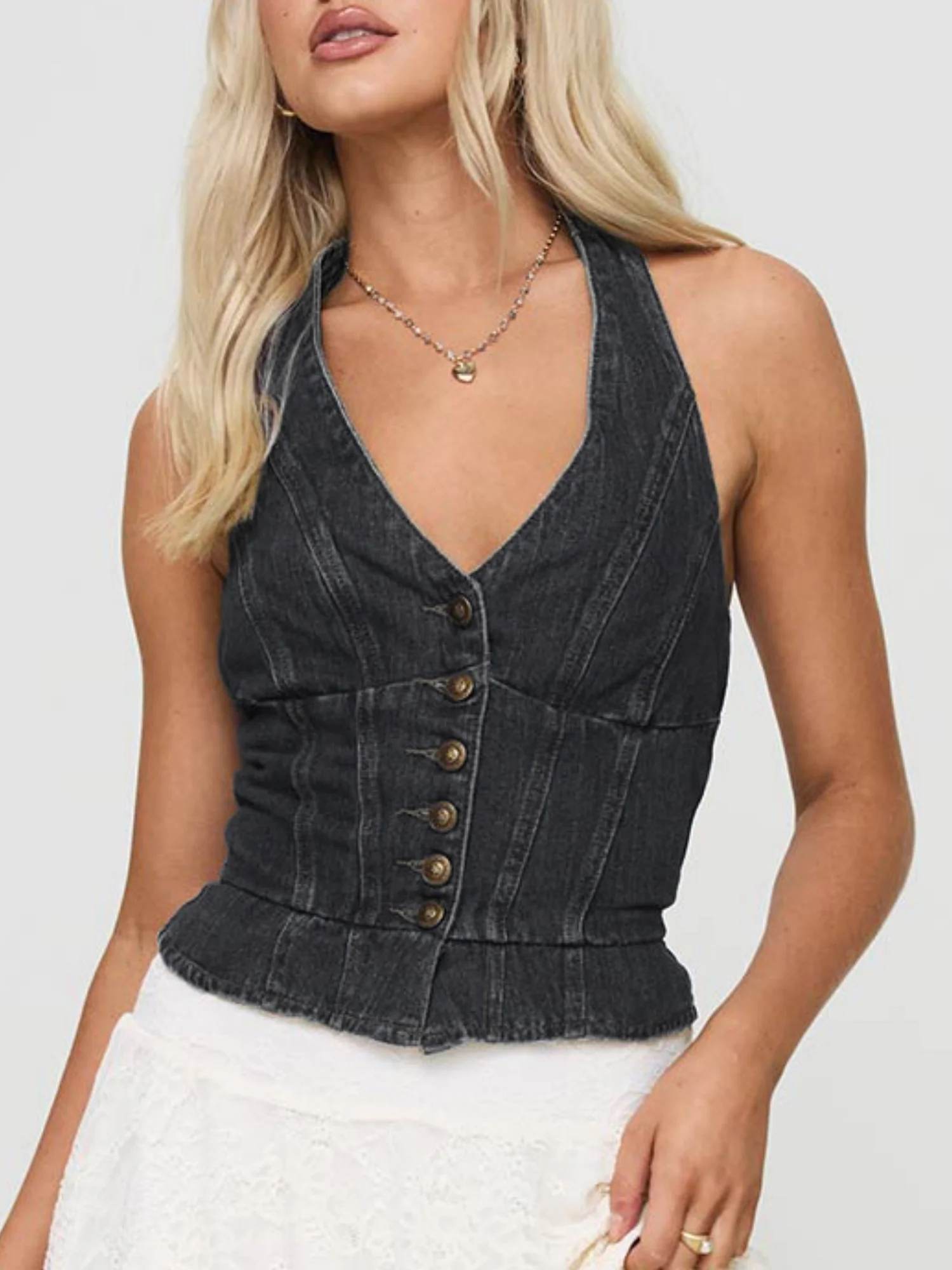 Denim Tie Buttons Halter V-neck Tank Tops&Camis - Image 9