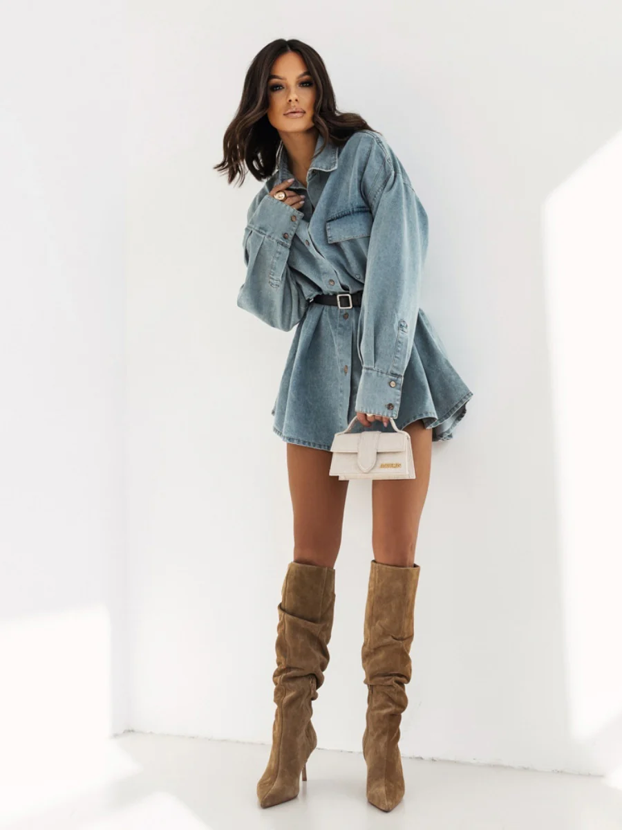Long Sleeve Pocket Distressed Retro Loose-fit Denim Shirt Dress - Image 3
