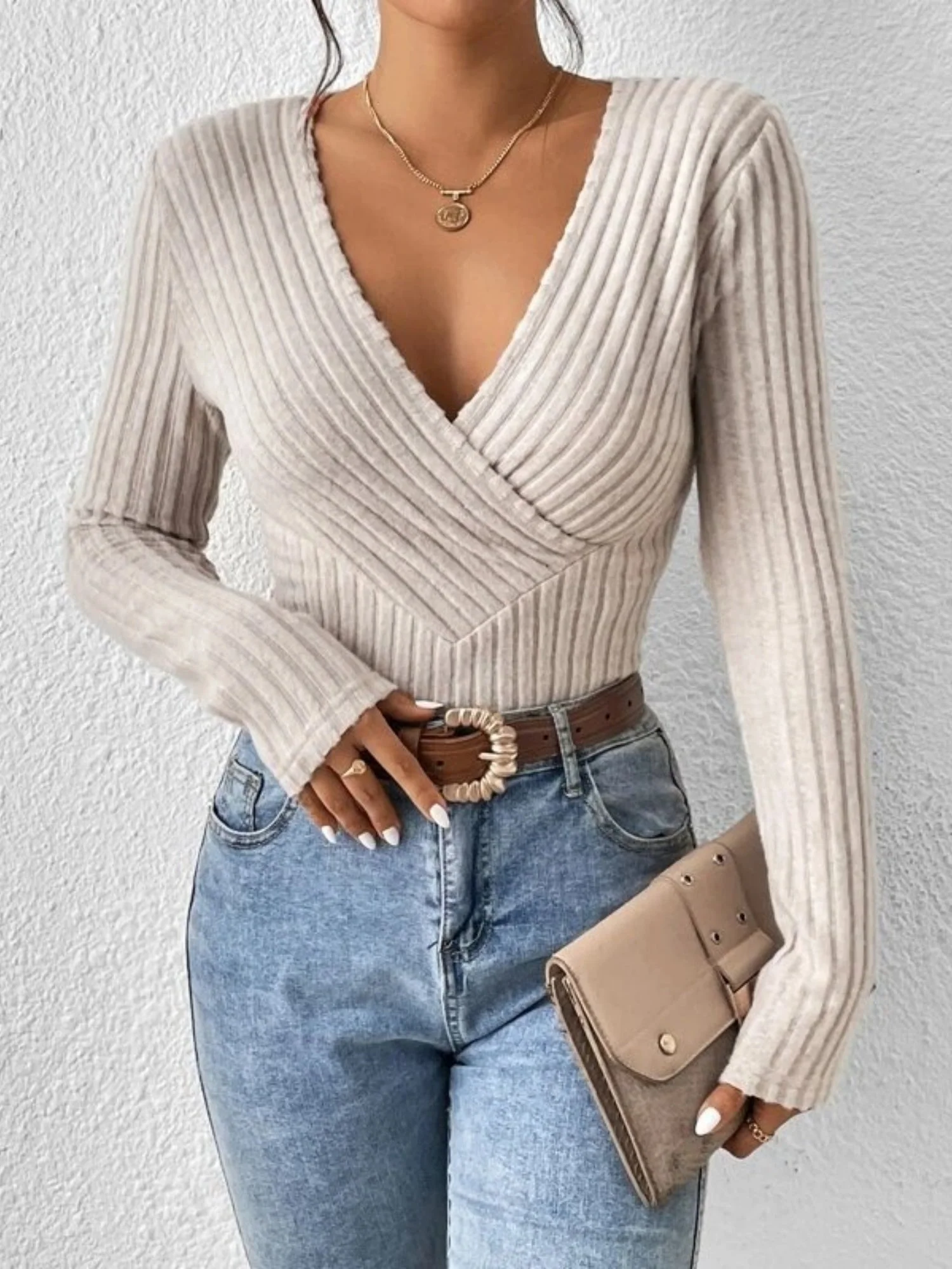 V-neck Crossover Long-sleeved Brushed Ribbed Sweater - Image 4