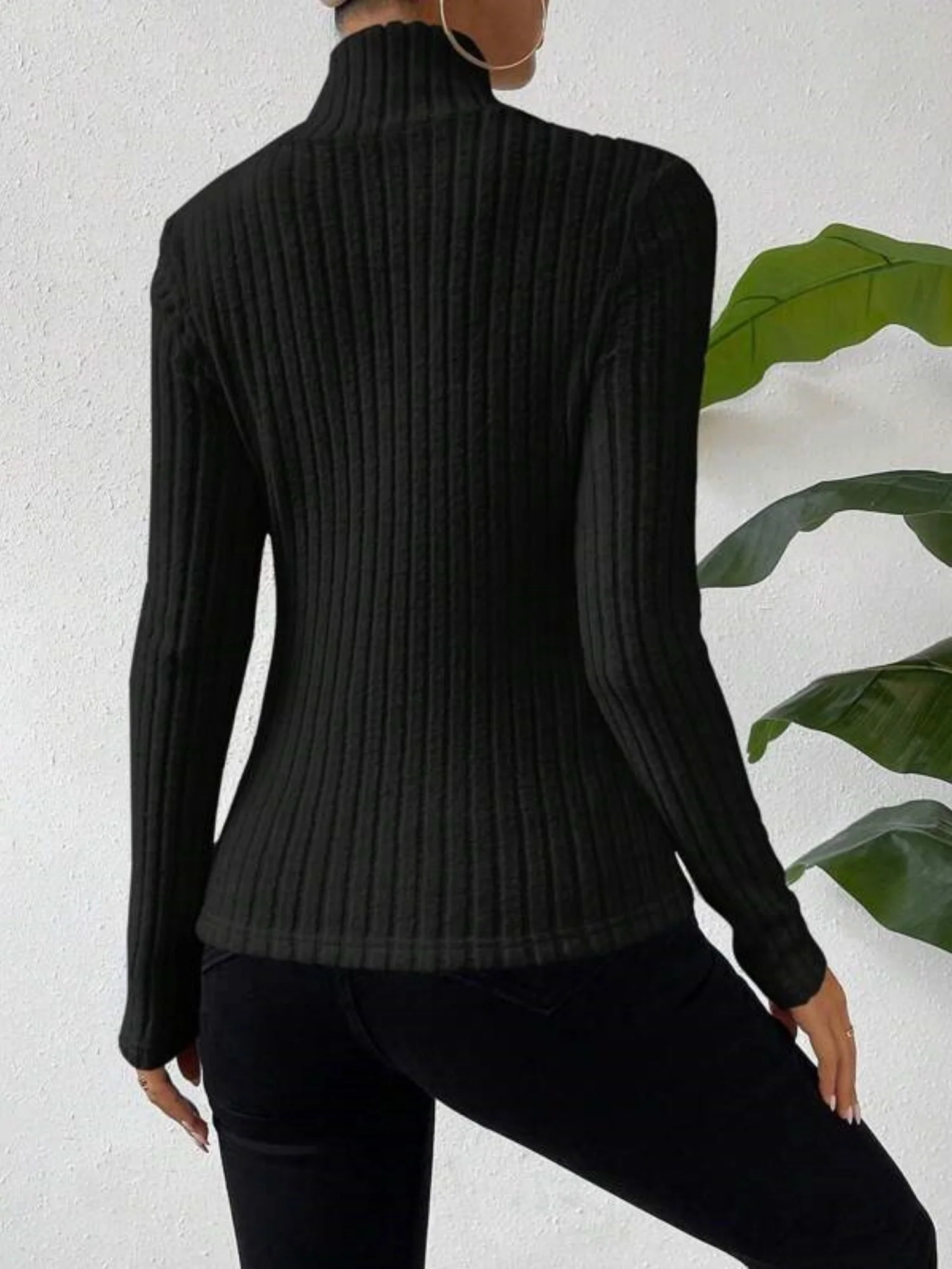 Halter Neck Crossover Long-sleeved Brushed Ribbed Knit T-shirt Top Sweater - Image 5