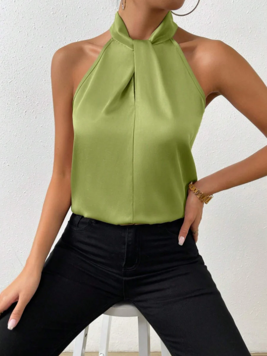 Satin Cross-cut Cutout Halter Neck Sleeveless Vest - Image 6