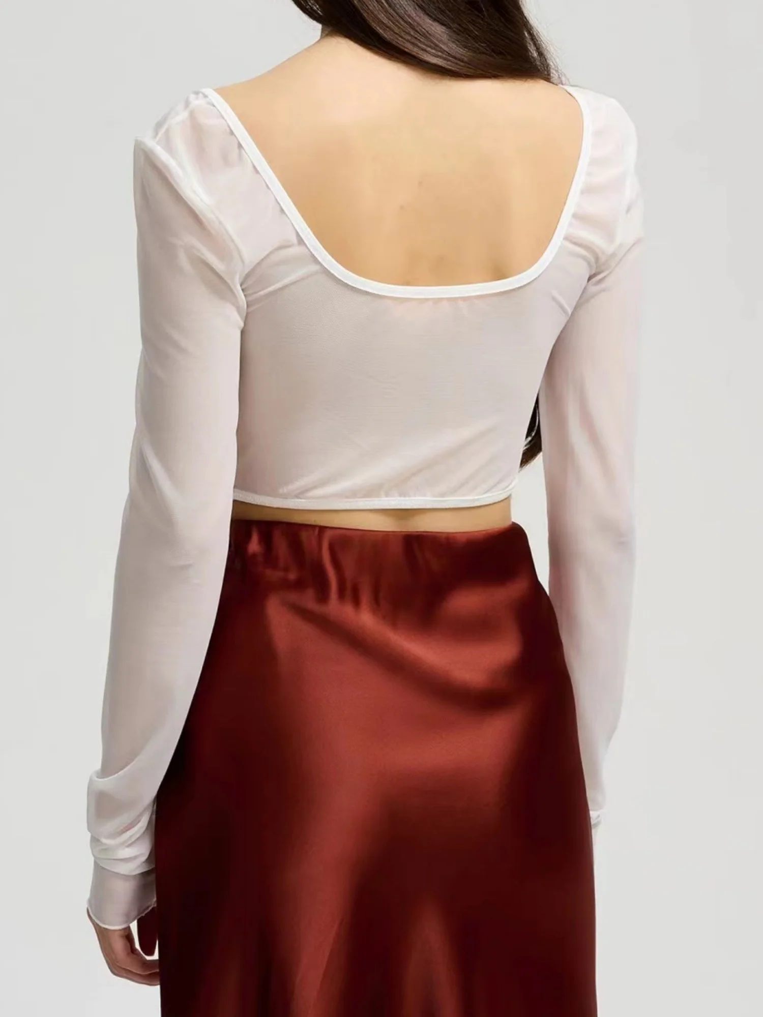 Lace See-through Herringbone Collar Spliced Long Sleeve Tops - Image 2