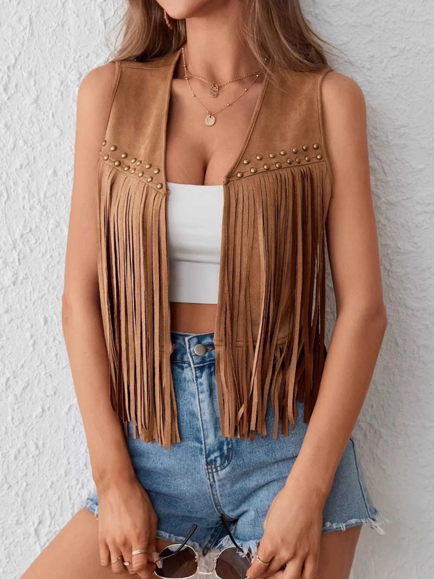 Imitation Suede Tassel Studs Sleeveless Vests - Image 3