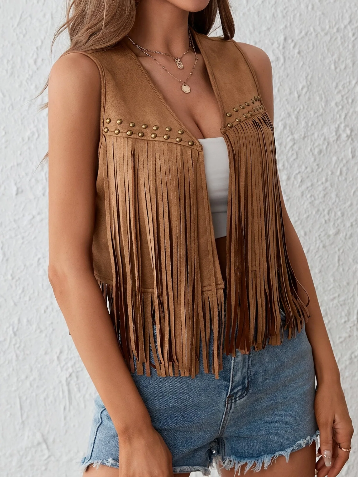 Imitation Suede Tassel Studs Sleeveless Vests - Image 4