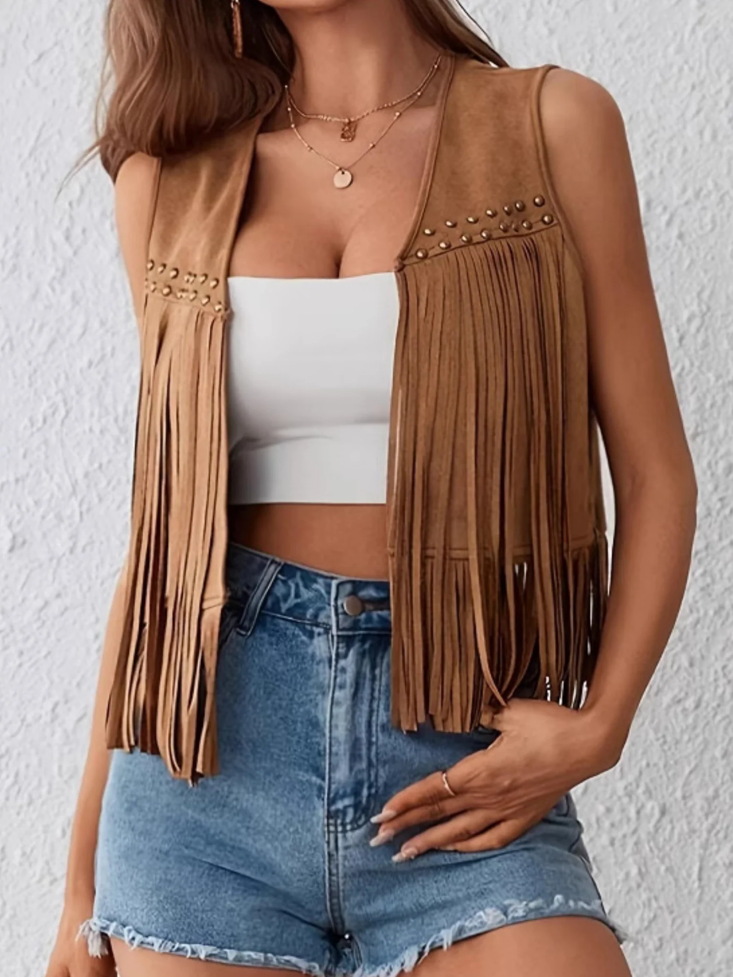 Imitation Suede Tassel Studs Sleeveless Vests - Image 5