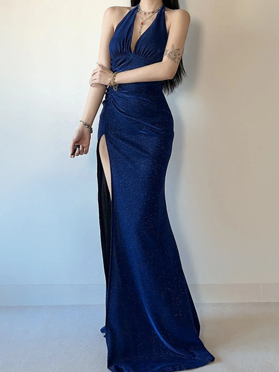 Halter Neck Backless V-neck Fine Flash Waist Corset Pleats Slit Dinner Party Long Dress - Image 4