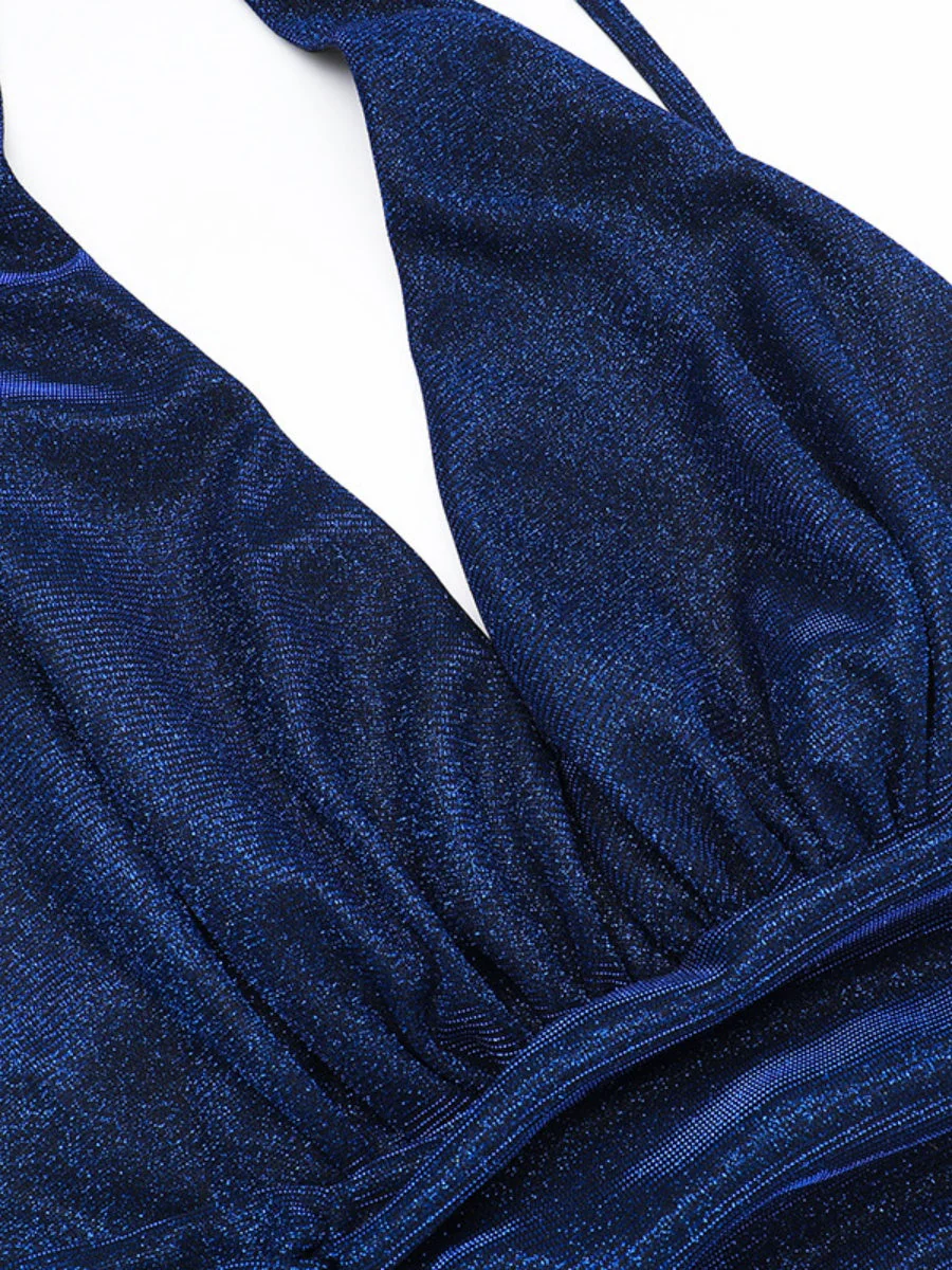 Halter Neck Backless V-neck Fine Flash Waist Corset Pleats Slit Dinner Party Long Dress - Image 7