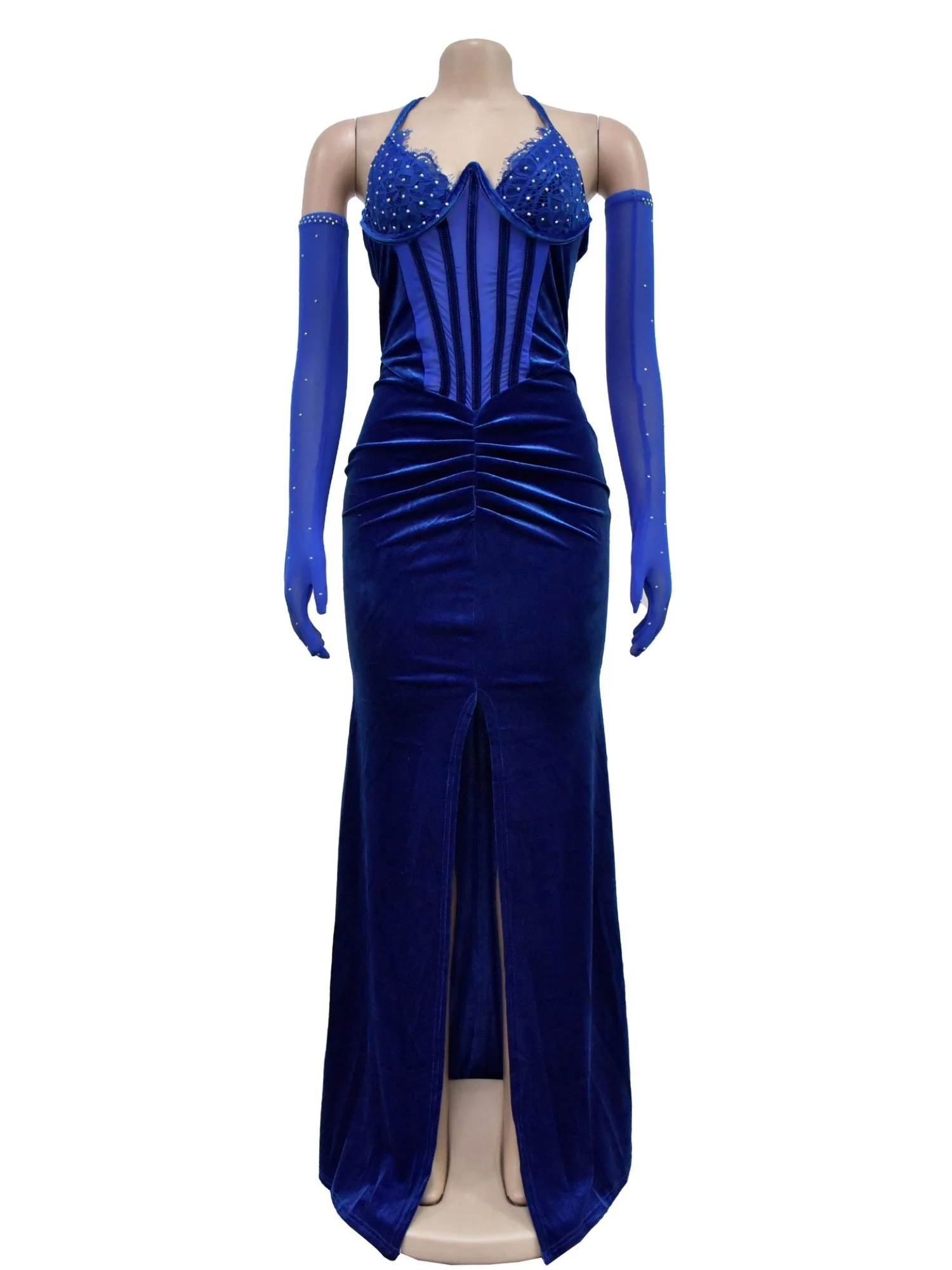 Lace And Velvet Patchwork Rhinestone-studded Evening Gown Mesh See-through Halter Neck Slit Maxi Dresses - Image 11