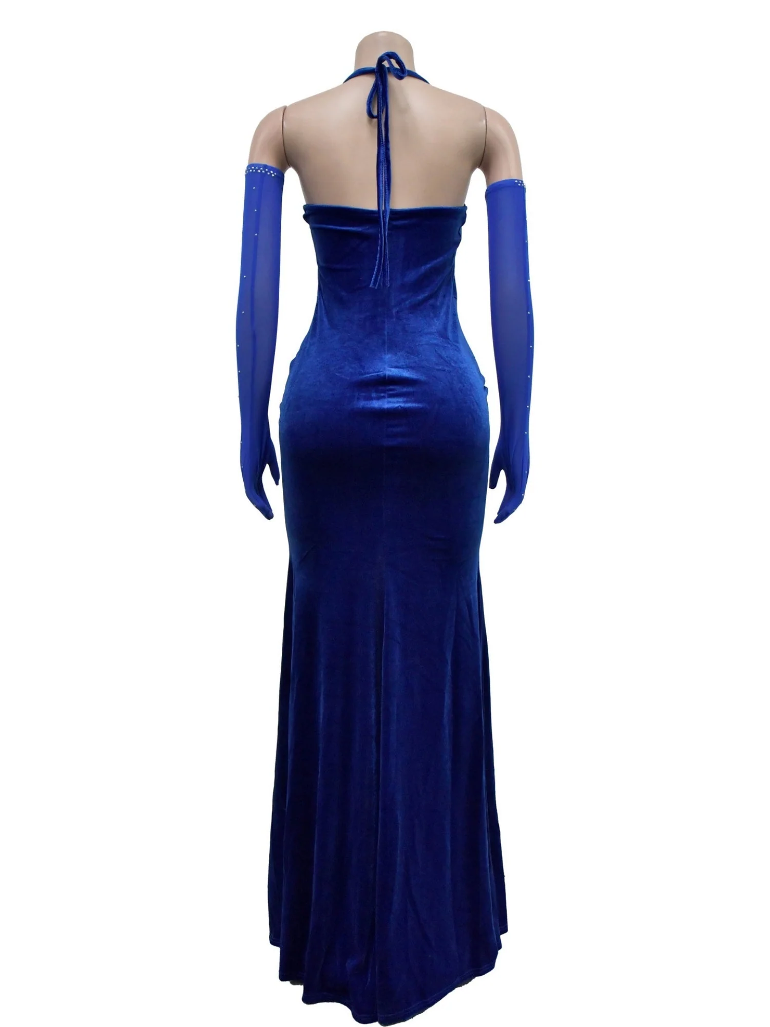 Lace And Velvet Patchwork Rhinestone-studded Evening Gown Mesh See-through Halter Neck Slit Maxi Dresses - Image 12
