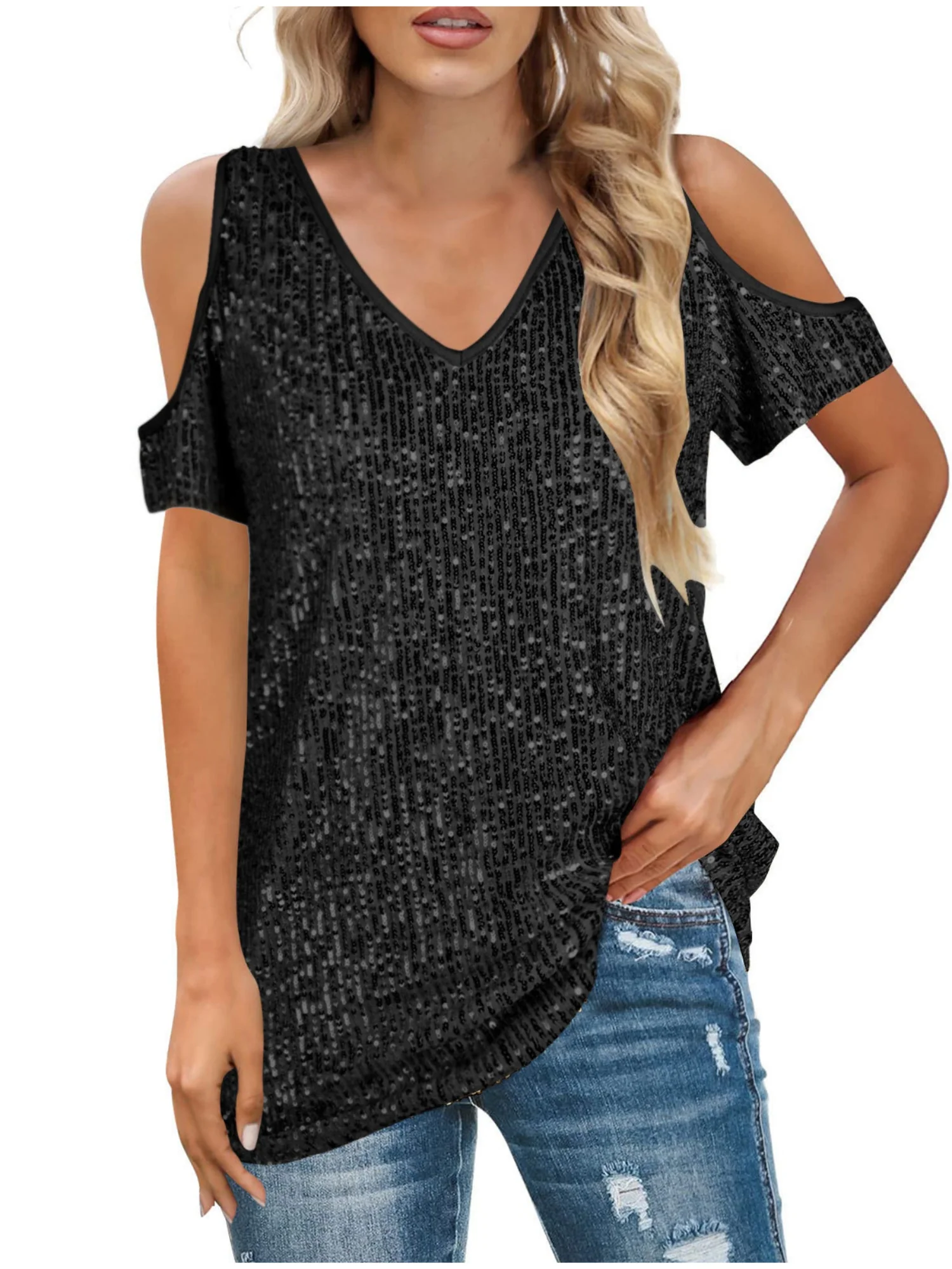 Sequins V-neck Off-shoulder Short-sleeved T-shirt - Image 3