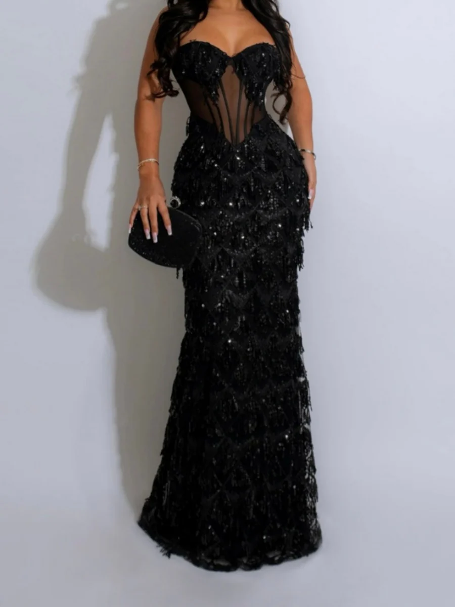 Sequins Waist Hip-hugging Formal Party Dinner Maxi Dresses - Image 3