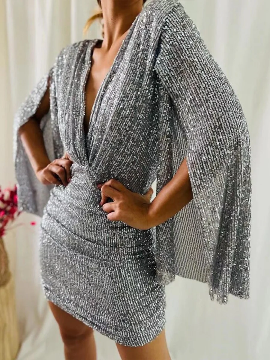 V-neck Hip-hugging Irregular Sequins Cloak Parties Mini&Short Dresses - Image 15