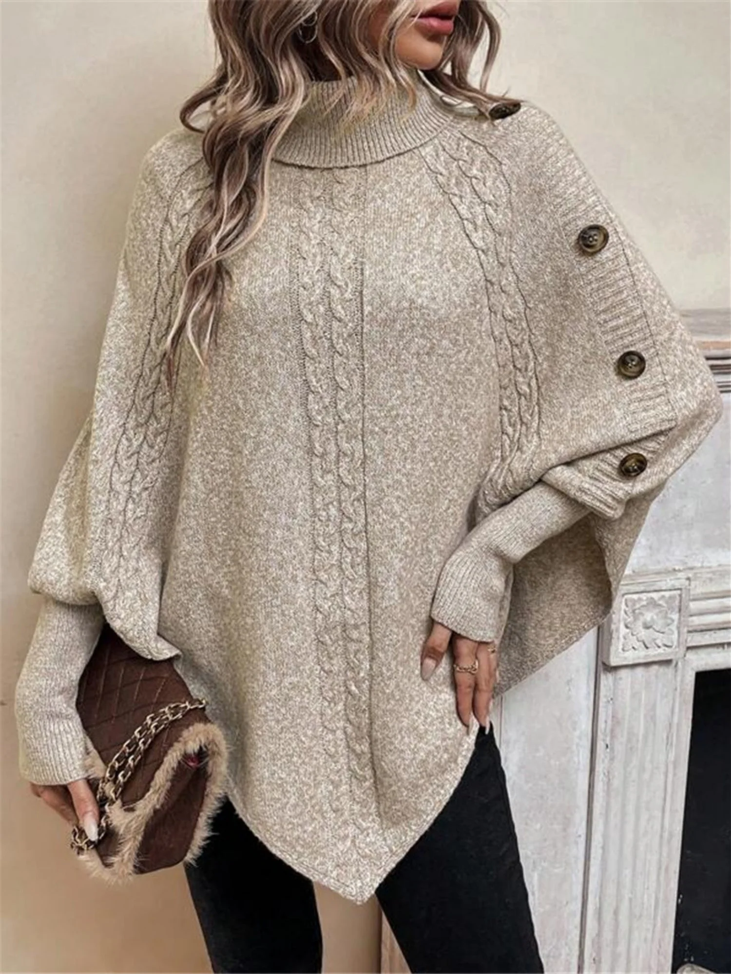 Turtleneck Buttons Batwing Shirt Cable Knit Sweater - Image 3